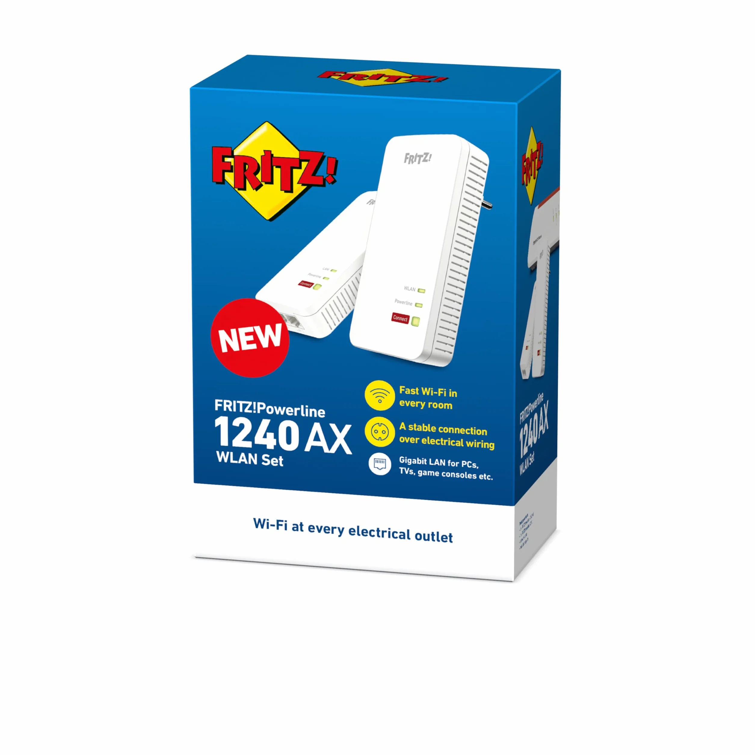 FRITZ!Powerline 1240 AX WLAN Set Edition International, Kit extender per rete elettrica fino a 1.200 Mbit/s, Wi-Fi integrato fino a 600 Mbit/s, Mesh, Access Point, Interfaccia in italiano