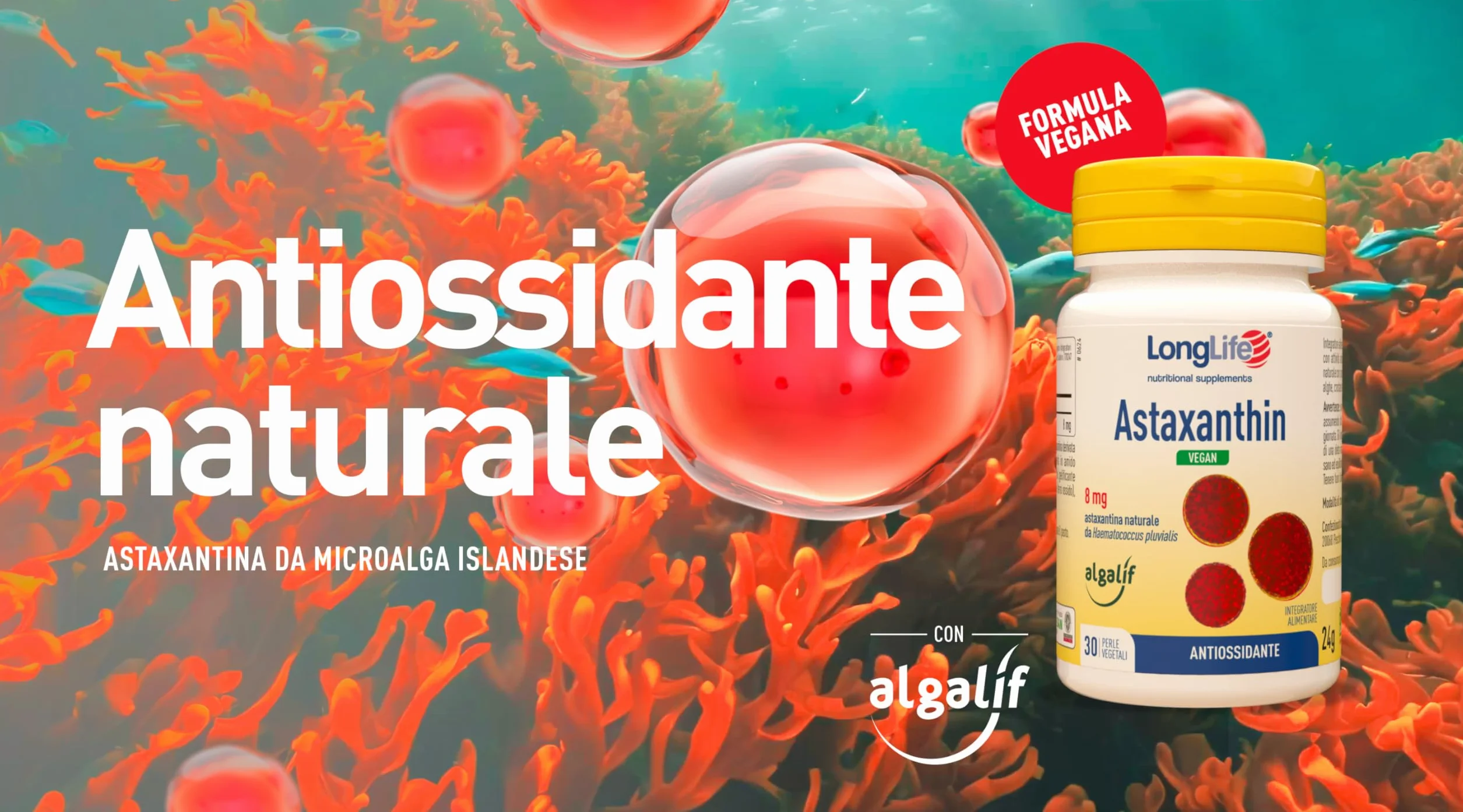 LongLife Astaxanthin Vegan 8 mg Astaxantina Naturale da Microalga Antiossidante Pelle Vegano Senza Glutine