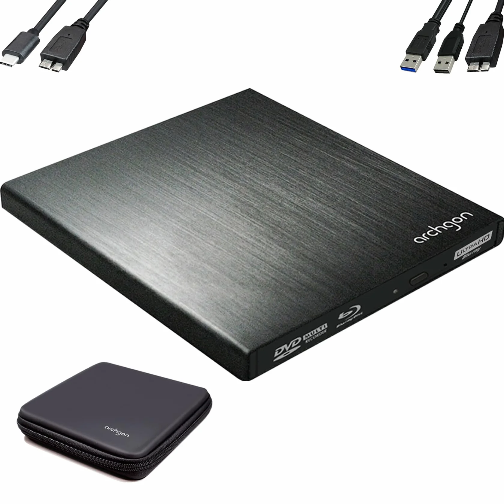 archgon Star UHD Esterno Lettore 4K-Ultra HD BD Player, Masterizzatore Blu-ray BDXL Burner per PC USB 3.0 USB-C, M-Disc, Cassetto per il caricamento del disco, Box di protezione, Alluminio Nero