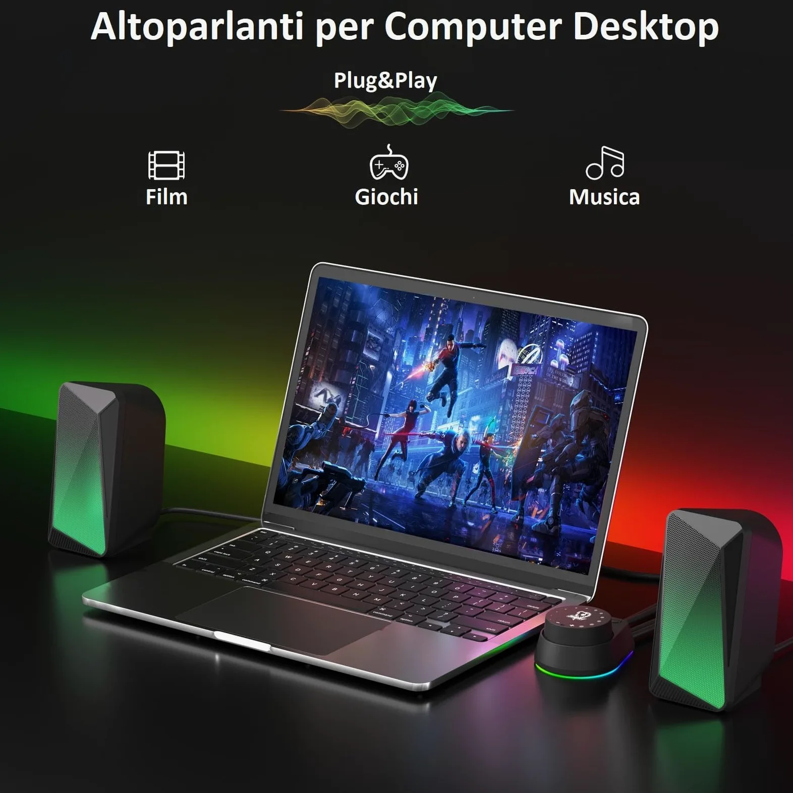 SOULION C30 Casse PC Bluetooth Soundbar Altoparlanti Computer Desktop per Monitor, Laptop, Gaming, Ingresso AUX da 3,5 mm, Alimentazione Tramite USB, Illuminazione LED Colorata, 1 paio | Altoparlante stereo 2.0, ingresso AUX da 3,5 mm, alimentazione USB,