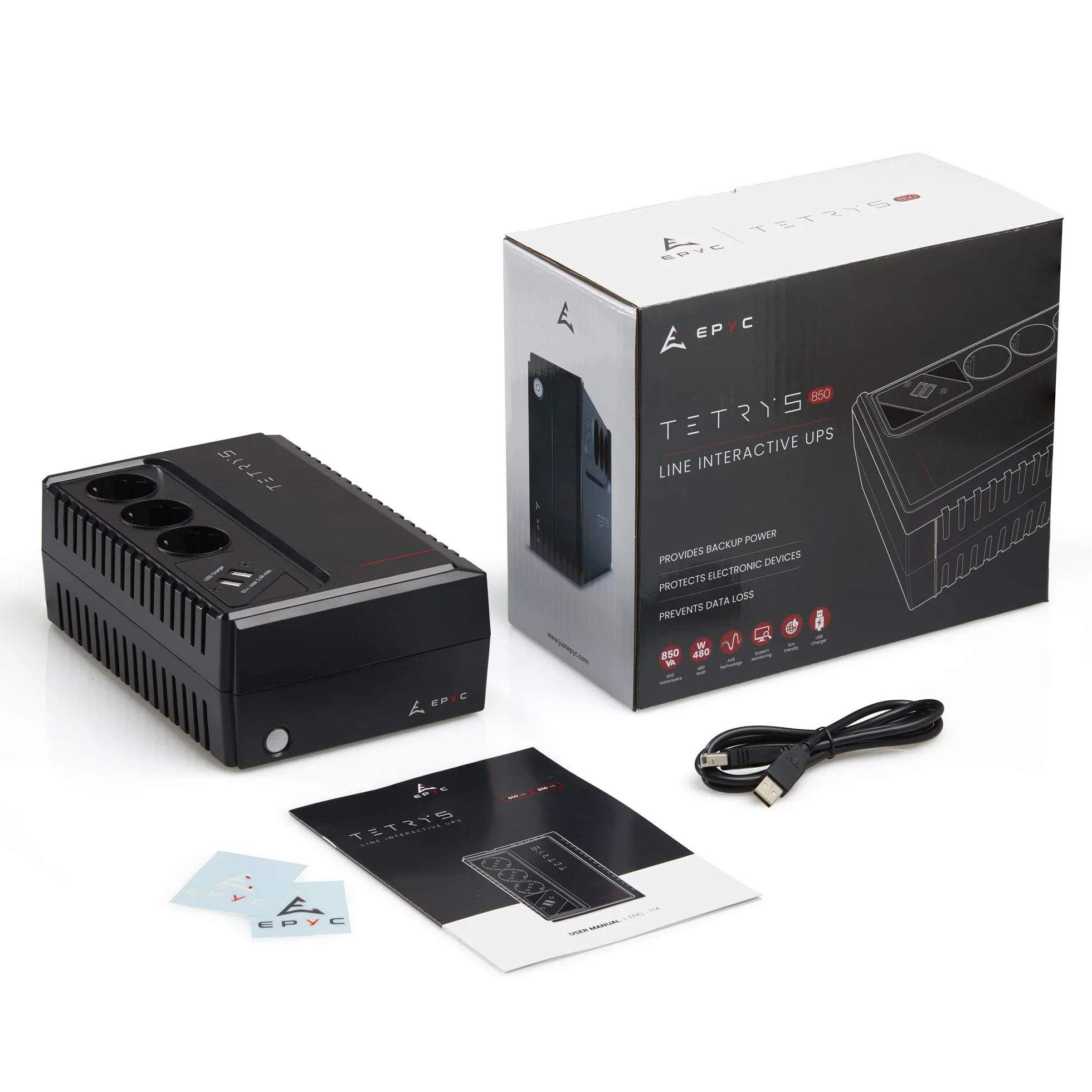 EPYC® TETRYS - UPS a Ciabatta Multipresa, Potenza 850VA/480Watt, Gruppo di Continuità per PC, Tecnologia Line Interactive, AVR, 3 Uscite Schuko, Doppio Caricabatterie Smartphone e Tablet, UPS 800VA