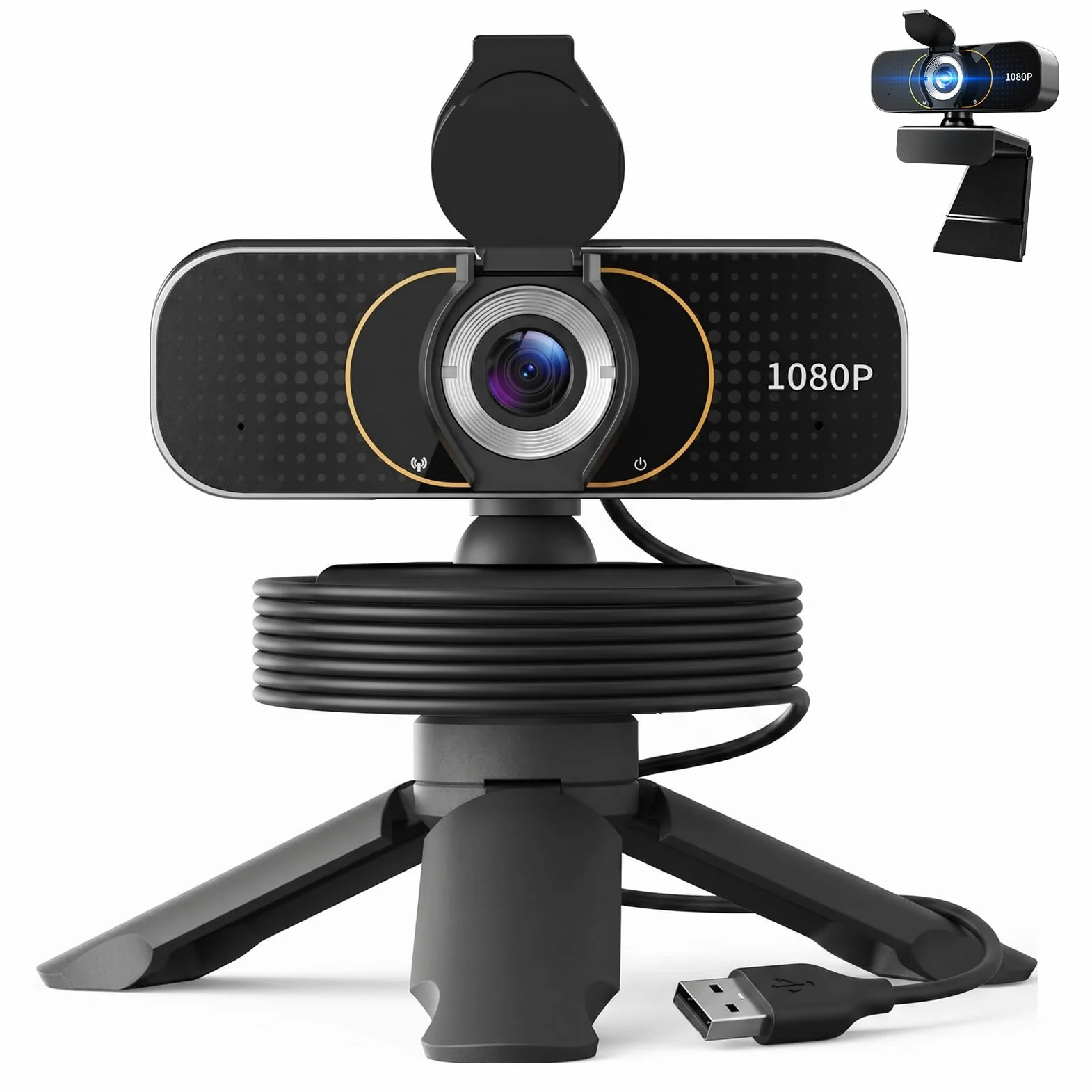 Webcam Full HD 1080p, microfono integrato, treppiede, copertura privacy, correzione automatica della luce e USB plug-and-play, per PC desktop o computer portatile, perfetta per streaming e