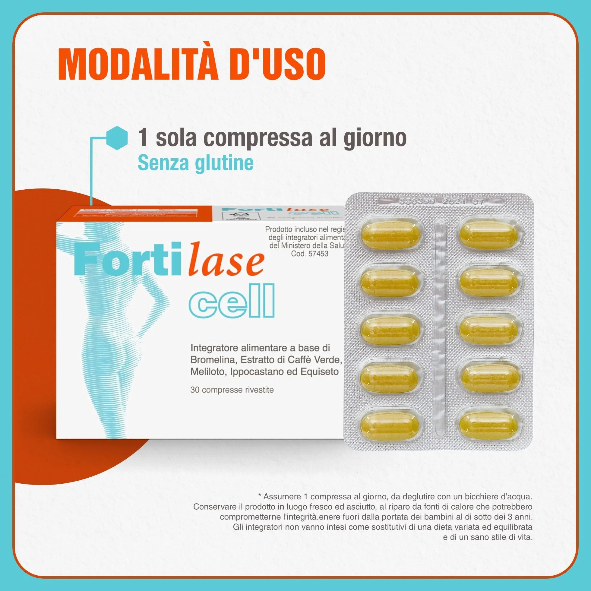Fortilase Cell 30 Compresse Integratore Alimentare Anticellulite con Bromelina Caffè Verde Ippocastano