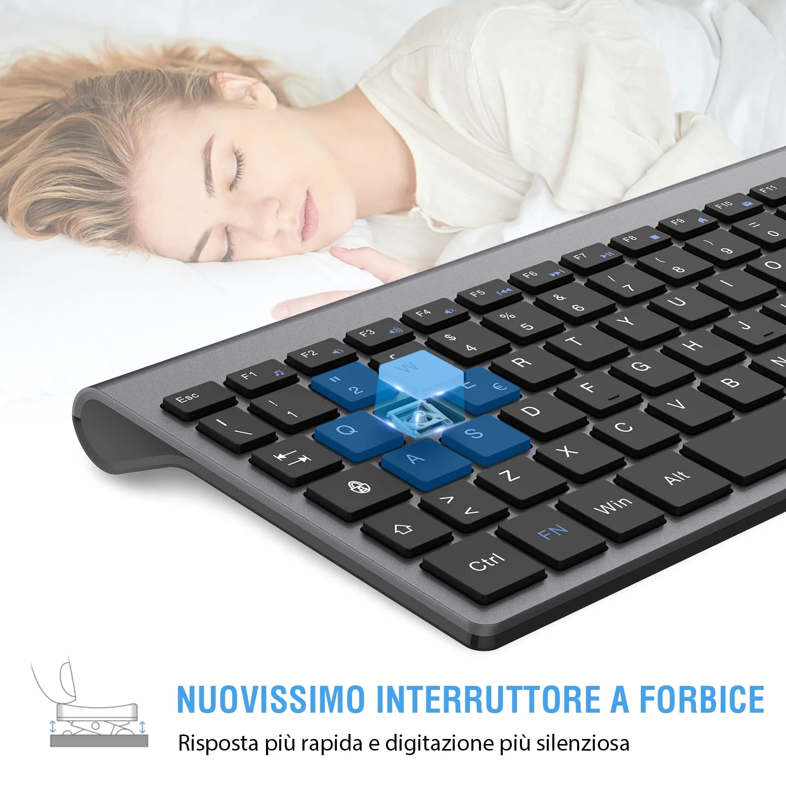 cimetech Tastiera e Mouse Wireless, Layout Italiano QWERTY, Ultra-Sottile Ergonomico Full-Size 2.4Ghz Wireless Mouse Tastiera Numerico con Ricevitore Nano per PC/Laptop/Win7/8/10（grigio）