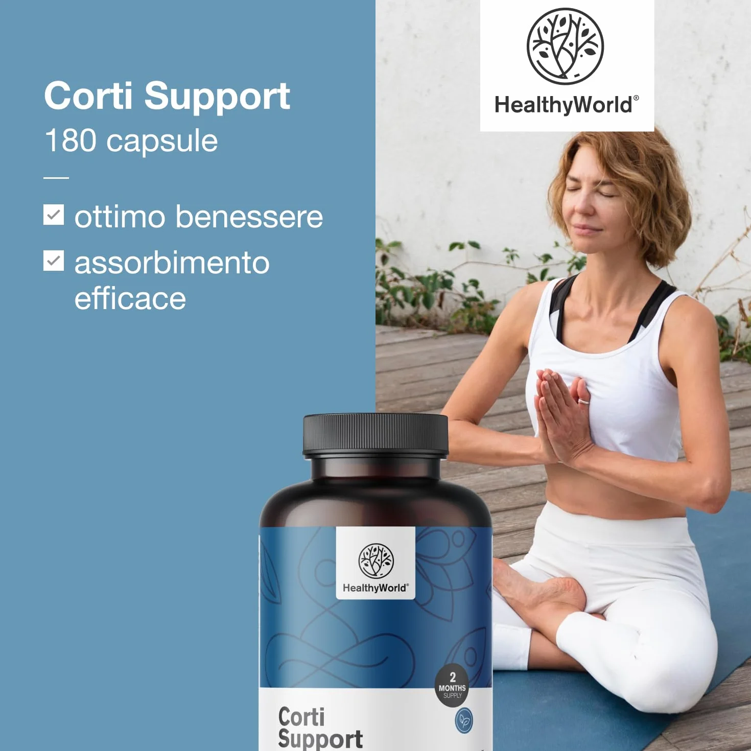 HealthyWorld Corti Support 180 capsule Ashwagandha Rodiola Rosea L-teanina Zinco Pepe nero Vitamina C1 B1 B5 B6 Equilibrio ormonale Formula vegetariana