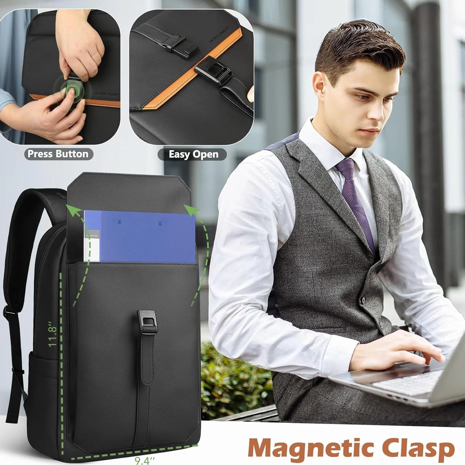 hk Zaino Business da Uomo per Laptop, design moderno ed elegante, leggero, sottile e impermeabile – Perfetto per uomini d’affari, lavoro, università e viaggi – Nero