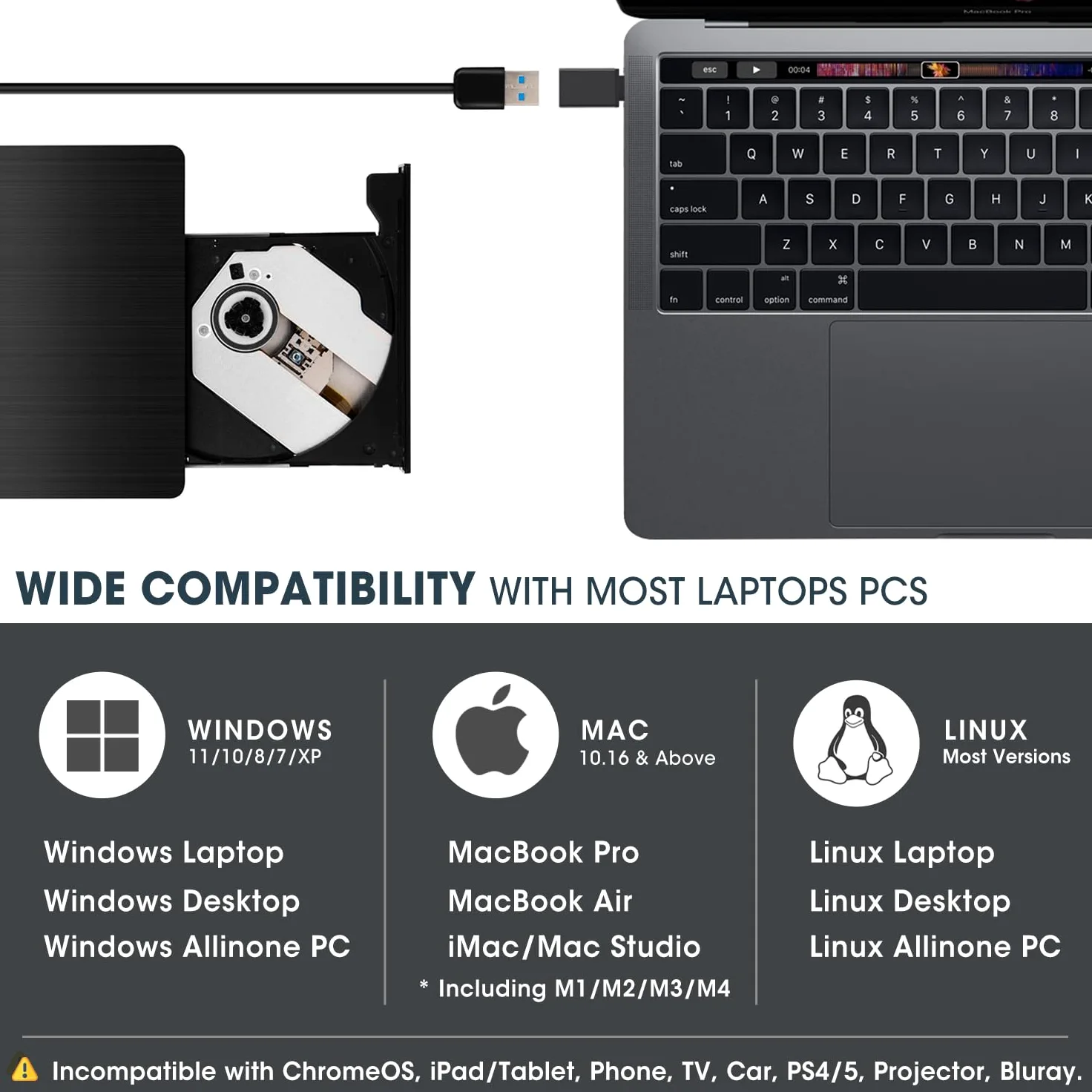 unità CD Dvd Esterna, unità Portatile USB 3.0 CD/Dvd +/- RW Slim CD/VCD Rom Masterizzatore masterizzatore Floppy Superdrive per Laptop,PC,Mac 10,OS, Windows 10/8/7/XP/Vista,Linux