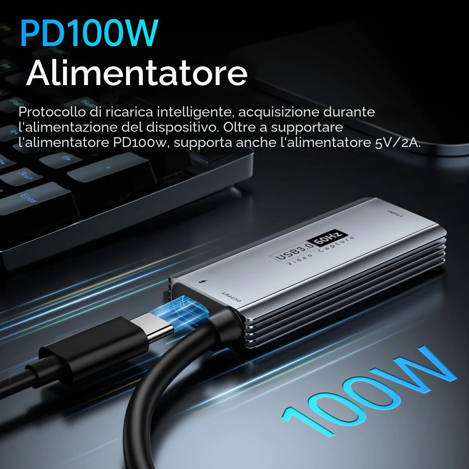 XIIXMASK scheda acquisizione video USB 3.0 con PD 100W – HDMI a USB-A/C, acquisizione 1440P 30fps e 1080P 60fps per Streaming, Registrazione Giochi – Compatibile con Quest 3, Switch, PS4/PS5