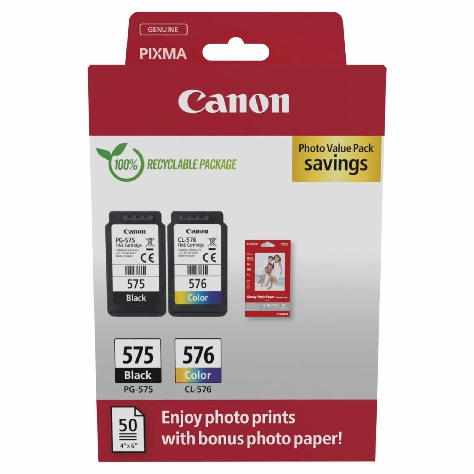 Canon Multipack Cartuccia Originali PG-575/CL-576 1 Nero 1 Colori 4x6 Carta Fotografica 50 Fogli