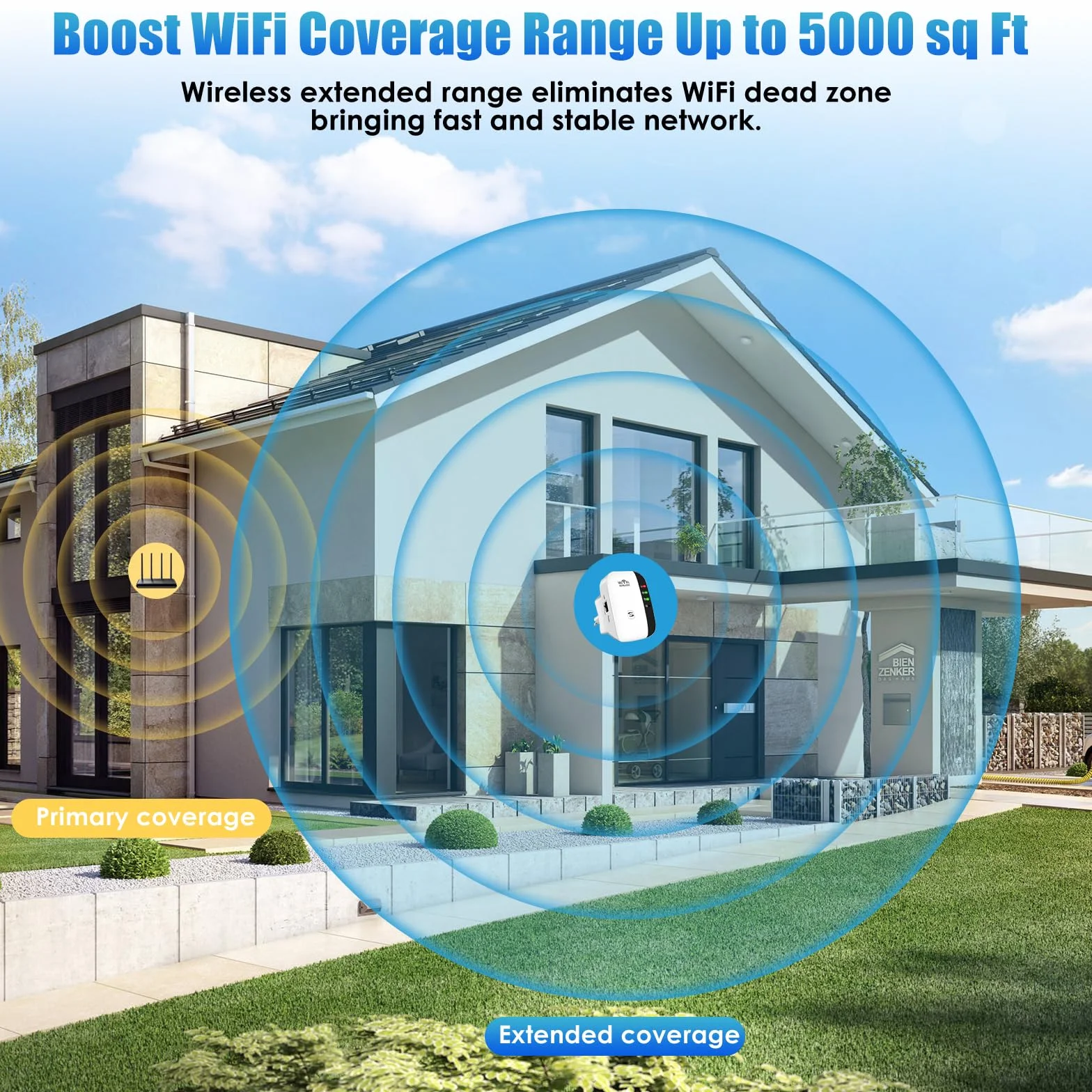 Ripetitore WiFi Potente, 2,4 GHz 300 Mbit/s Amplificatore WiFi con Modalità Ripetitore/Router/AP, Booster Wi-Fi Extender con Connessione Ethernet, Amplificatore Internet Fino a 5000 sq.ft e Tutti