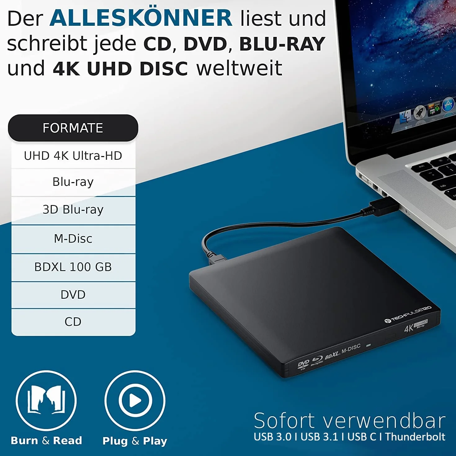 techPulse120 Esterno UHD USB 3.1 4K-Ultra HD Masterizzatore Lettore Blu-ray Blue BD Player BDXL Burner per PC USB-C M-Disc lettori BluRay 4K USB UltraHD nativo Alu Nero