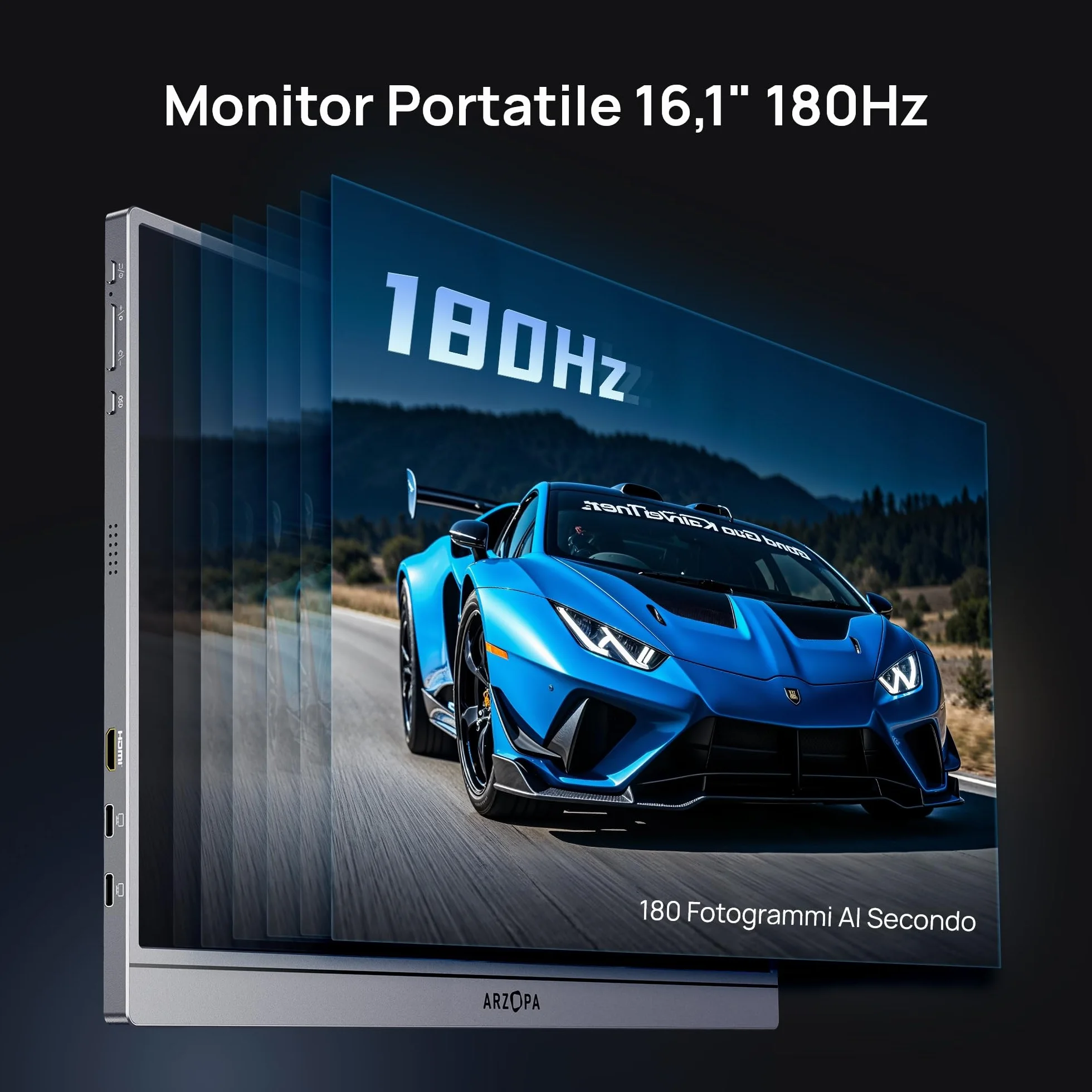 ARZOPA Monitor Portatile 16.1" 2,5K QHD 180Hz | IPS HDR10 400 Nit | Ultra Sottile 780g | Supporto integrato + Custodia inclusa | Compatibile con PC, Mac, PS5, Xbox, Switch, Smartphone -Z3FC Grigio