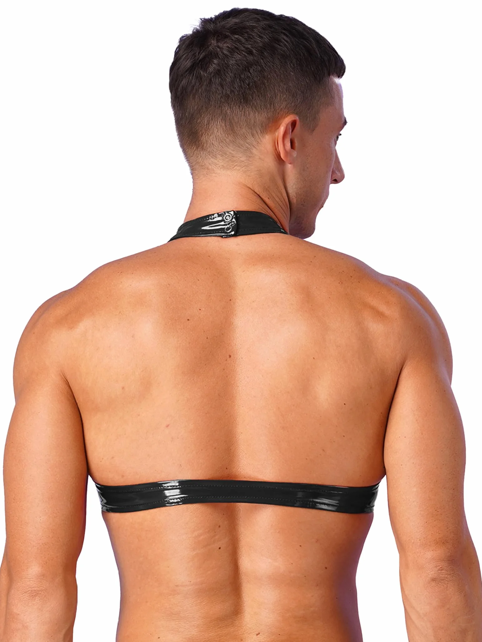 Maglietta Crop Top Pelle Lucida Latex Look per Uomo Stretch Muscolare Festa Gogo