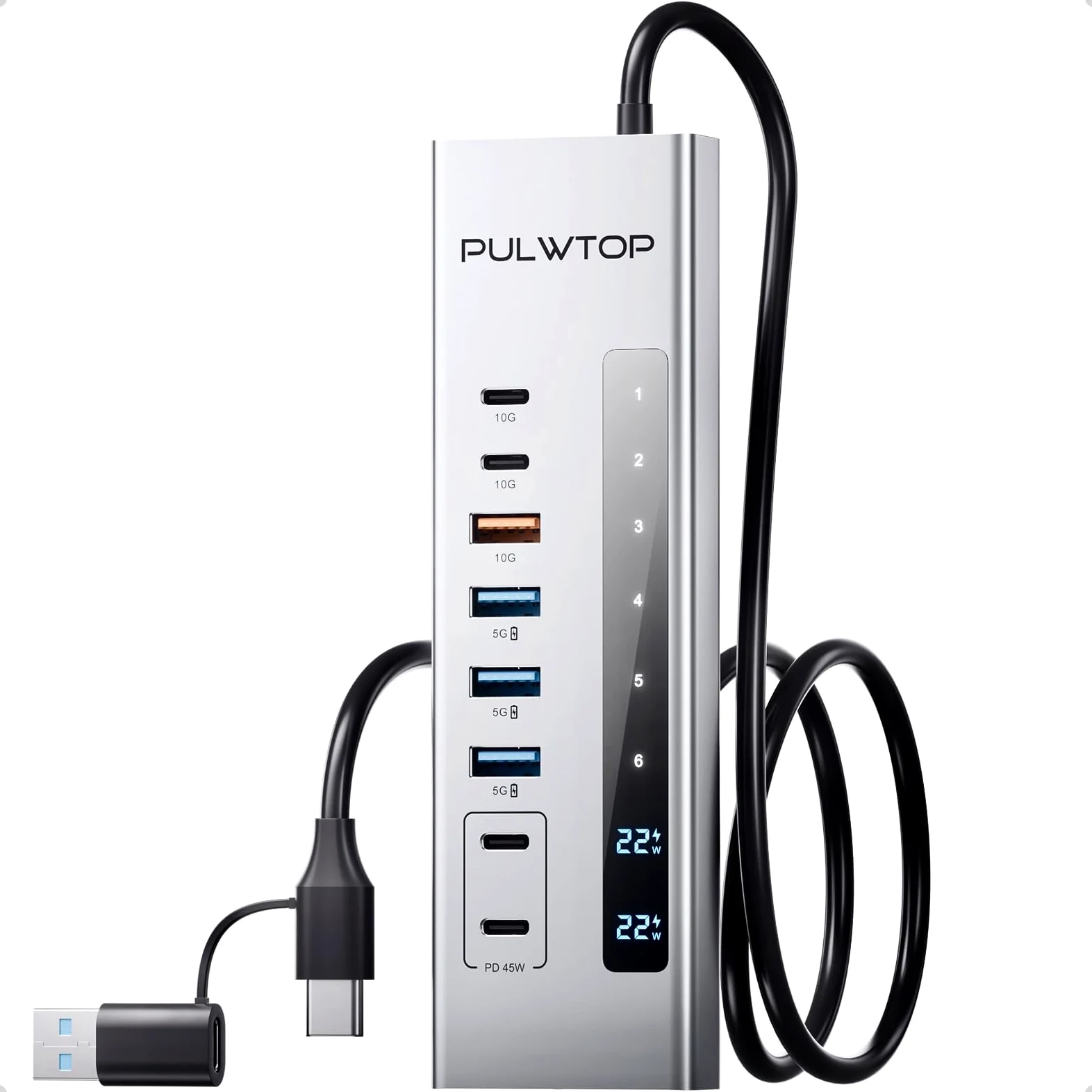 Hub USB C alimentato, hub USB con 2 porte di ricarica Type-C PD da 24/45 W | PULWTOP USB Hub con SD/TF, USB C 10Gbps, USBA 5/10Gbps e 24/45W Type-C PD Charging Ports, 72W Adapter Included