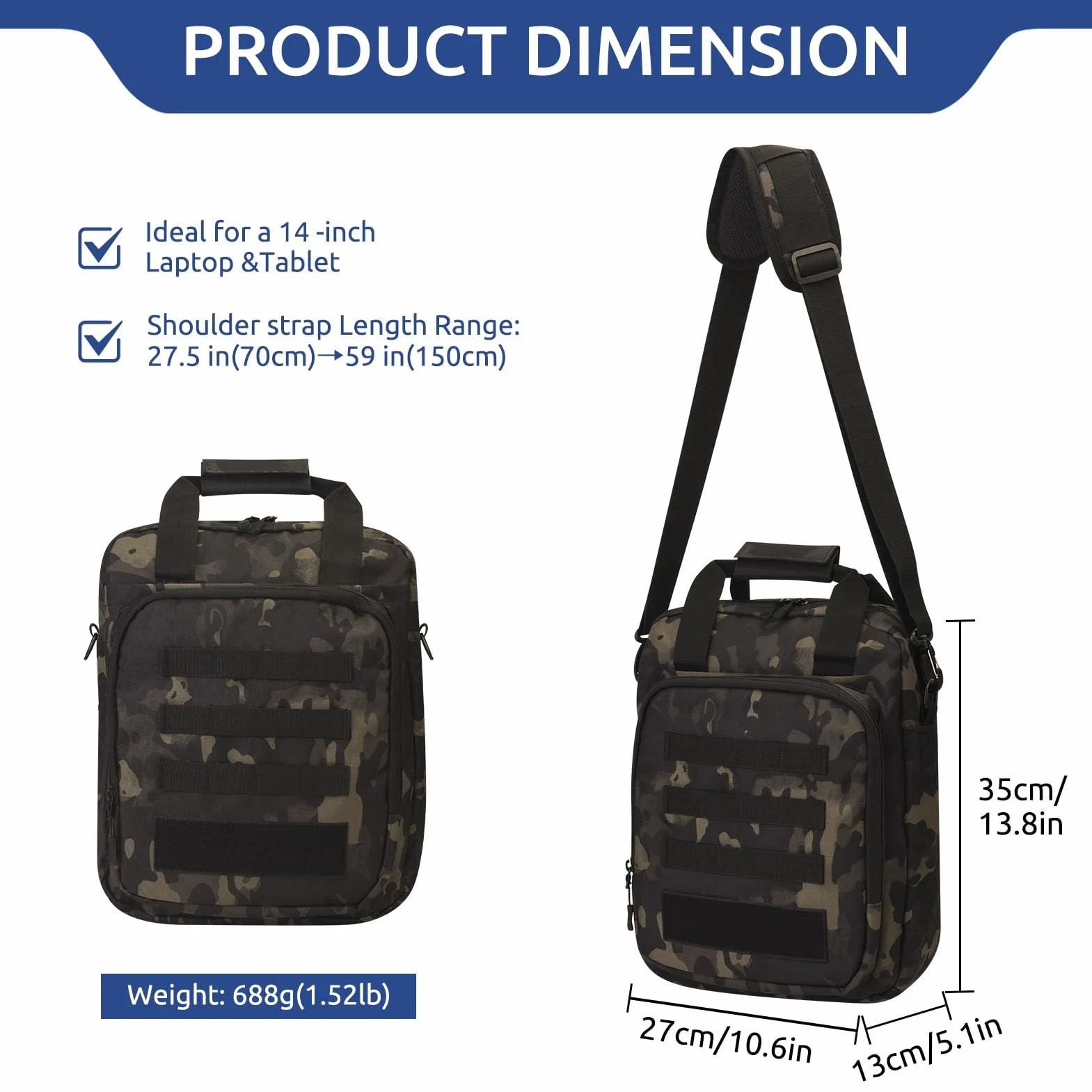 ZHIERNA Borsa tattica messenger, borsa tattica per computer portatile, borsa a tracolla MOLLE resistente, borsa da uomo (toppa inclusa)