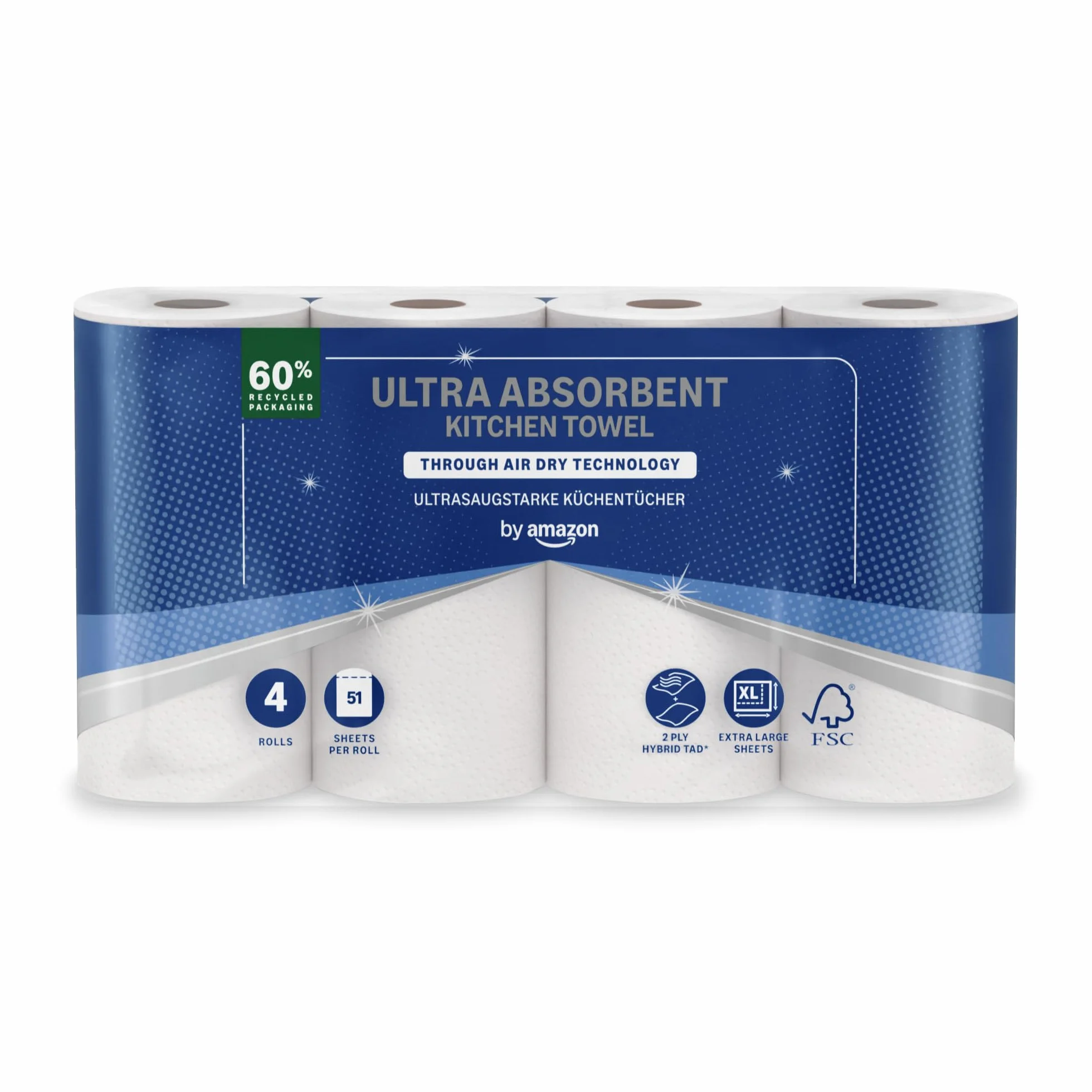 Rotolo da Cucina TAD Ultra Assorbente, 4 Rotoli, 51 Fogli, Certificato FSC