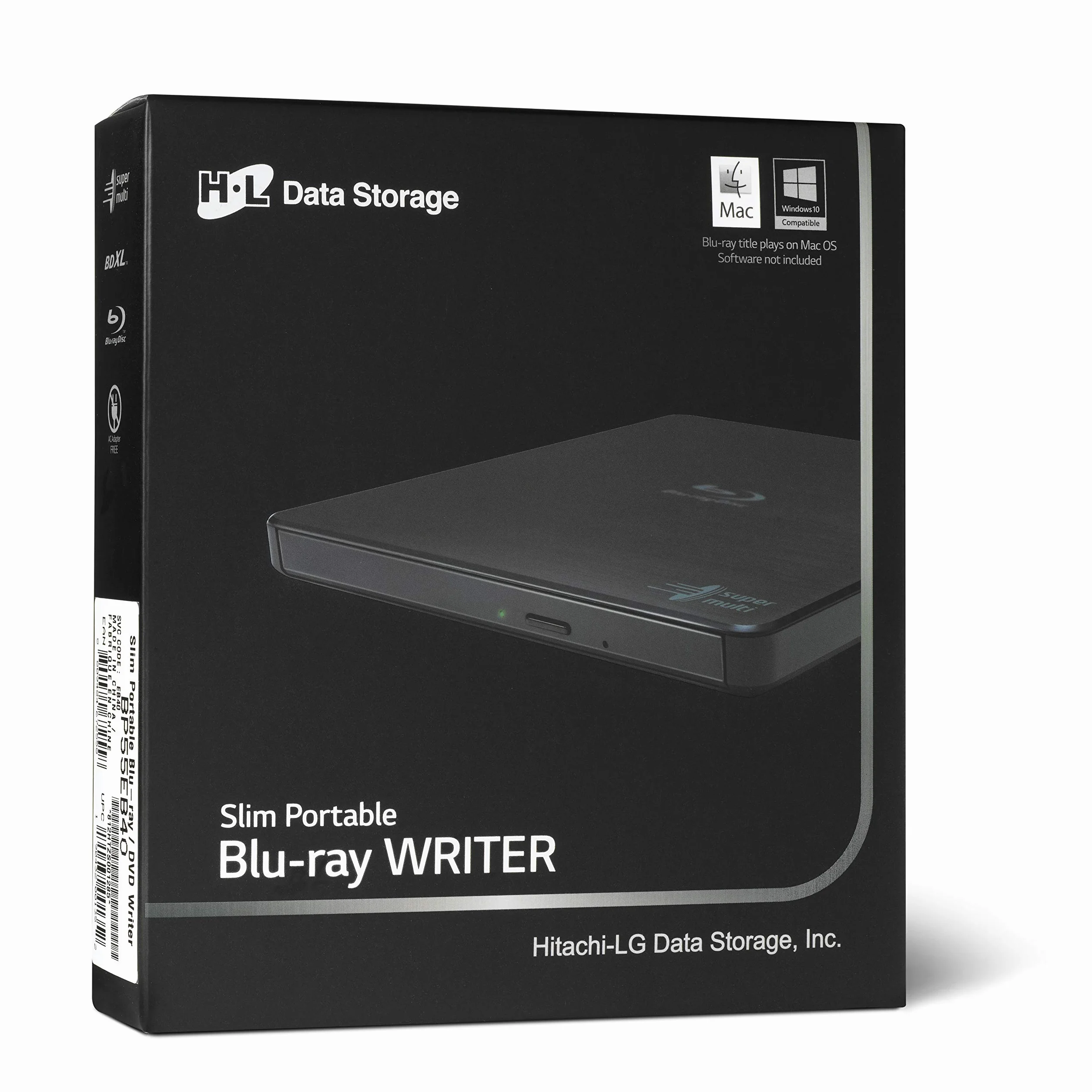 Hitachi-LG BP55 External Blu-Ray Drive, USB 2.0 Slim Portable Player/Rewriter for Laptop, Desktop PC, Windows 11 Compatible, with TV Connectivity, 3D Playback, 8x Read/Write Speed - Black