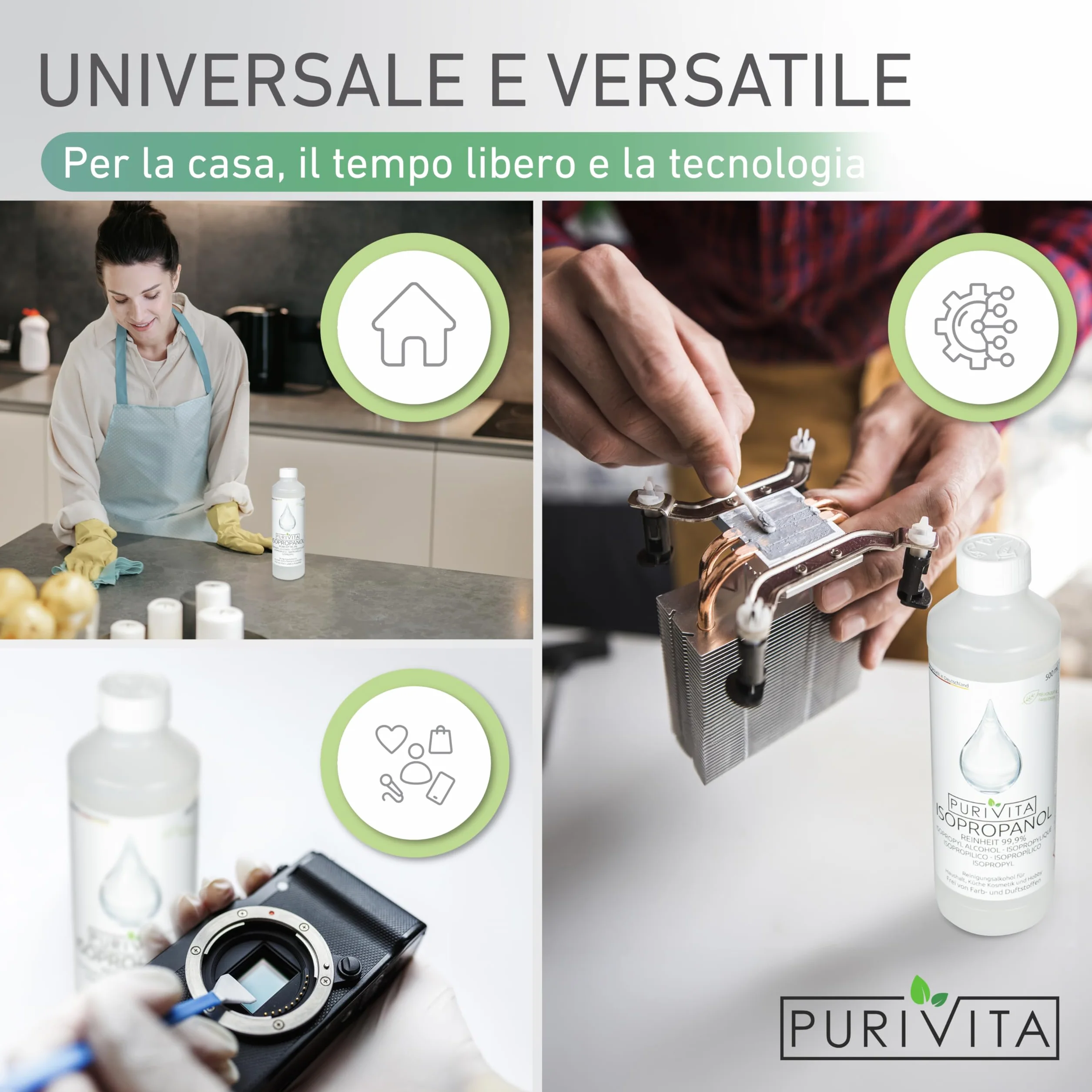 PURIVITA Alcool Isoproilico 99,9% 500ML Isopropyl Alcohol Disinfettante Detergente