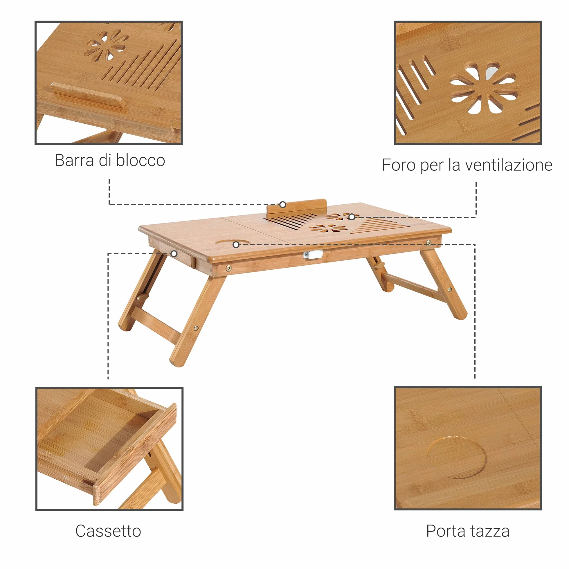 HOMCOM Tavolino da Letto per PC Portatile con Sistema di Raffreddamento in Bambù, 55x35x22-32.5cm