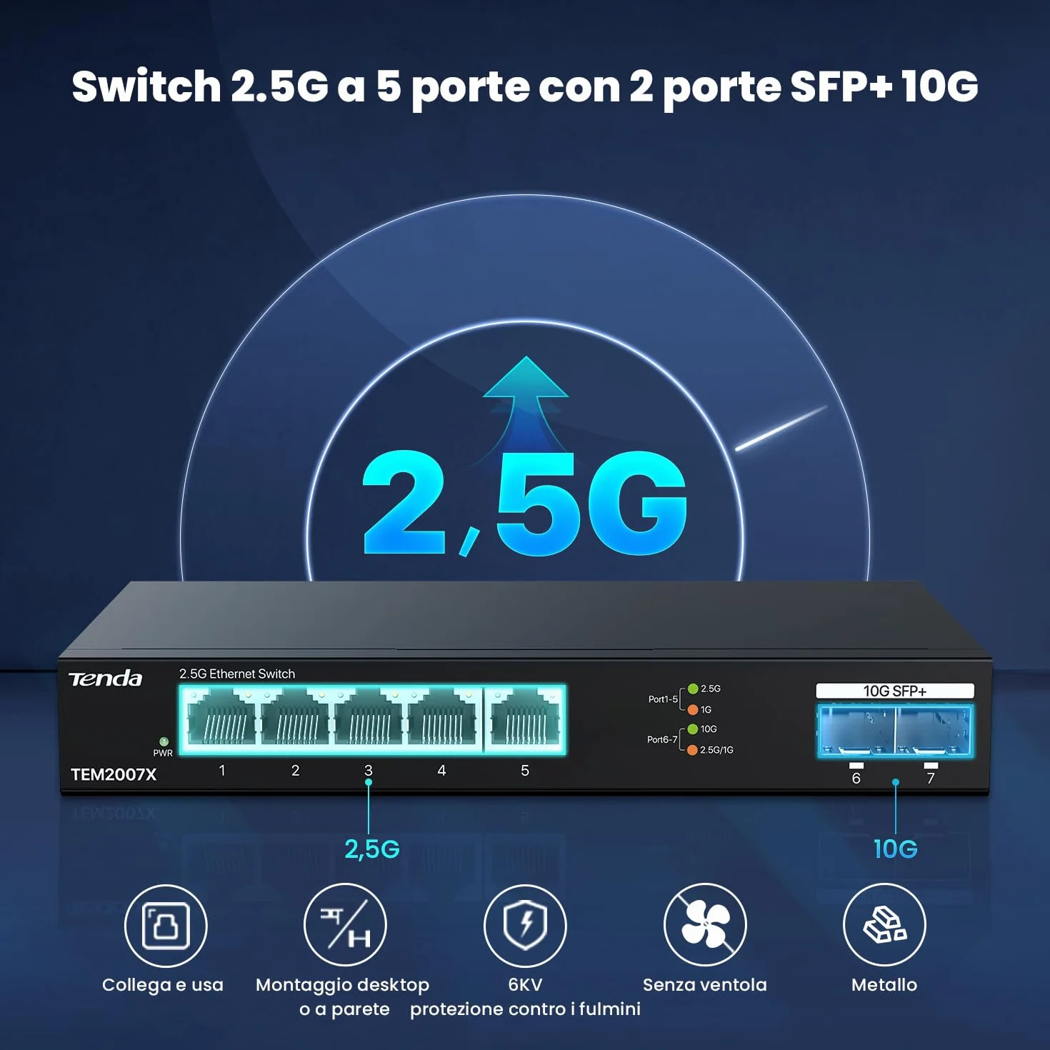 Tenda Switch Ethernet 2.5 Gigabit 5 Porte con 2 porte SFP+ 10 G (Plug and Play, senza ventola, alloggiamento in metallo, nero) (TEM2007X)