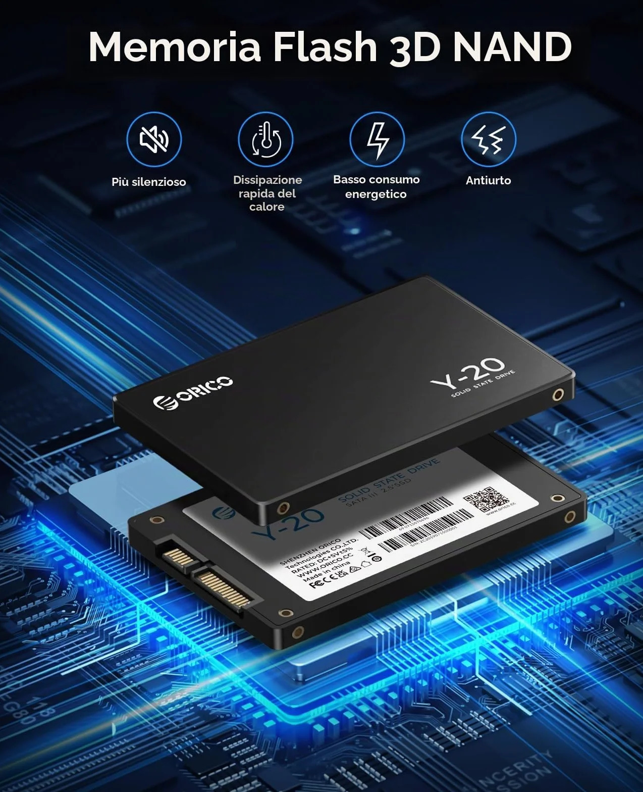ORICO 128G SSD SATA III 6Gbps 2.5" Interno SSD, Fino a 500 MB/s Velocità di Lettura, Unità a Stato Solido Interne Compatibile con Laptop e Desktop PC - Y20