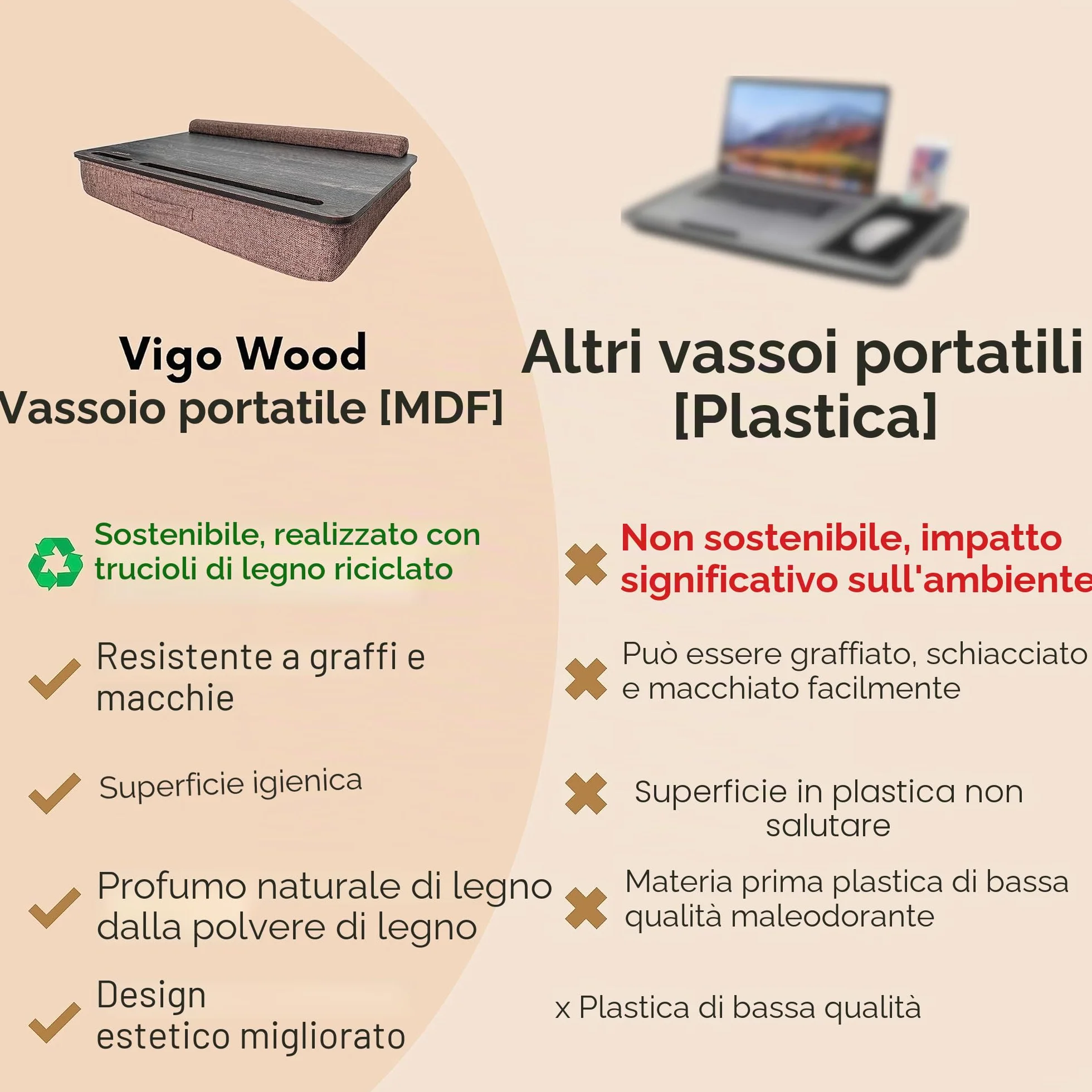 Vassoio in Legno per Laptop Vigo Wood, Scrivania per Laptop, Supporto per Laptop da Letto con Cuscino, Tavolino Portatile per Ufficio a Casa Adatto fino a 17.3'' Tablet con Supporto per Telefono