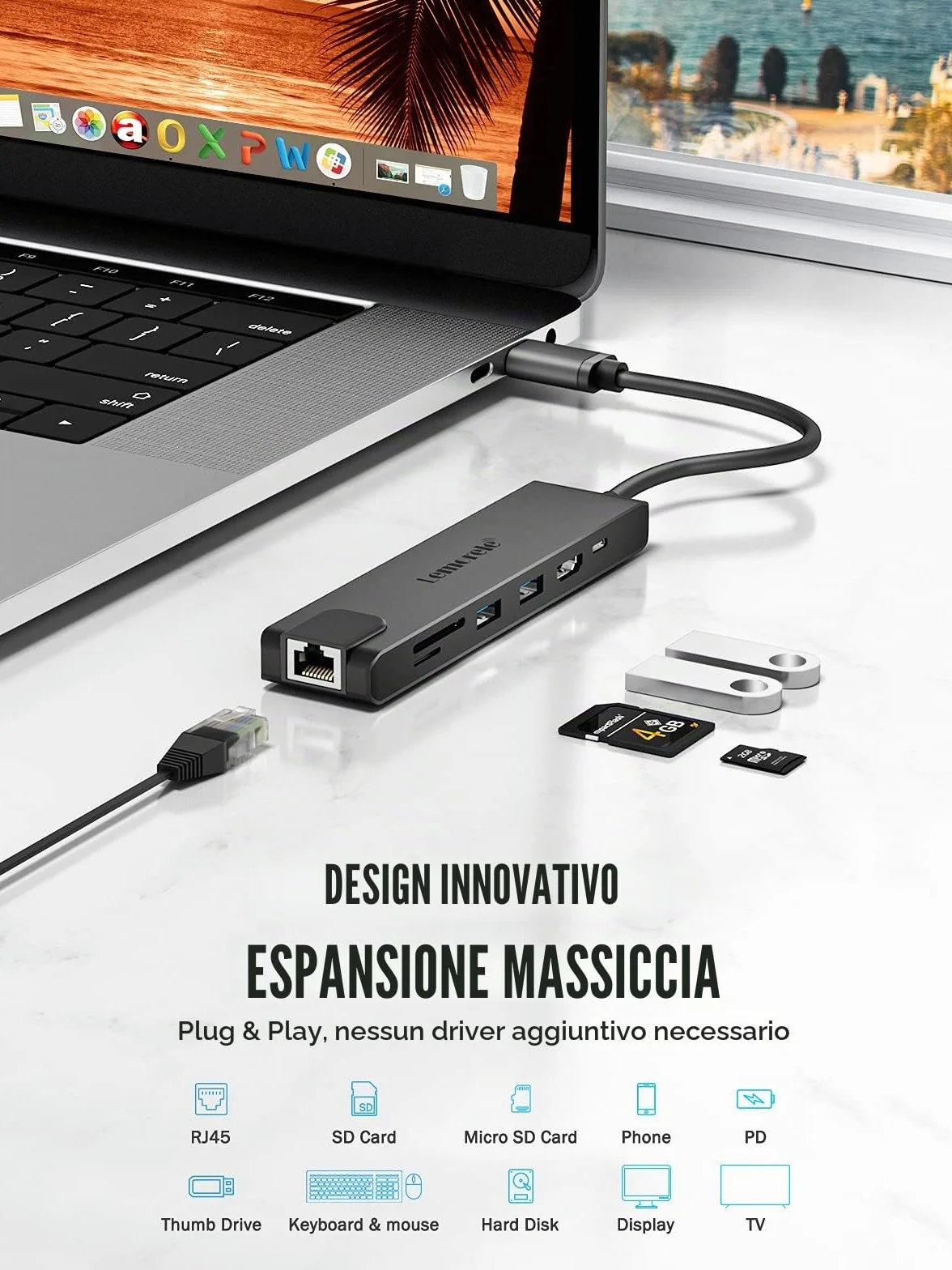 Lemorele Hub USB C Ethernet Gigabit, 7-in-1 Alluminio Docking Station con 1*HDMI 4K, 1000M RJ45, 1*PD 100W, 2*USB-A 2.0, SD/TF, Adattatore USB C Hub per Windows, iOS, Android, Linux, MacOS