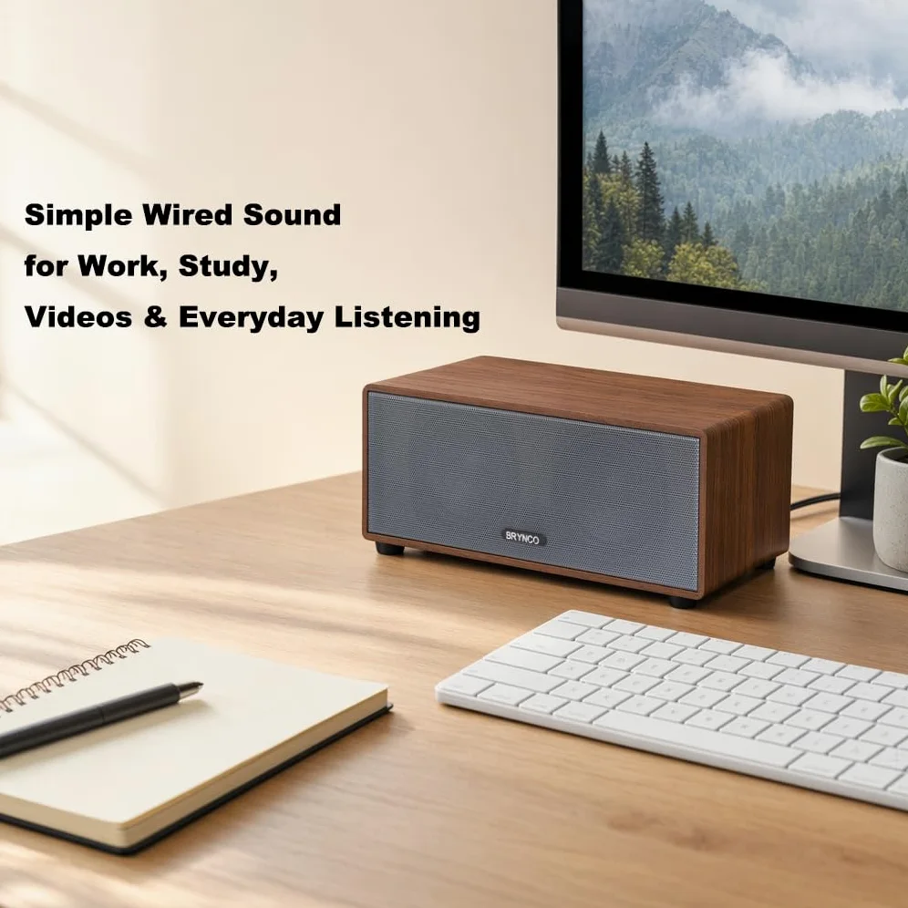Altoparlanti cablati per computer desktop e laptop, alimentati tramite USB con jack audio da 3,5 mm, bassi ricchi e suono chiaro, per casa, ufficio, gioco (marrone elegante)