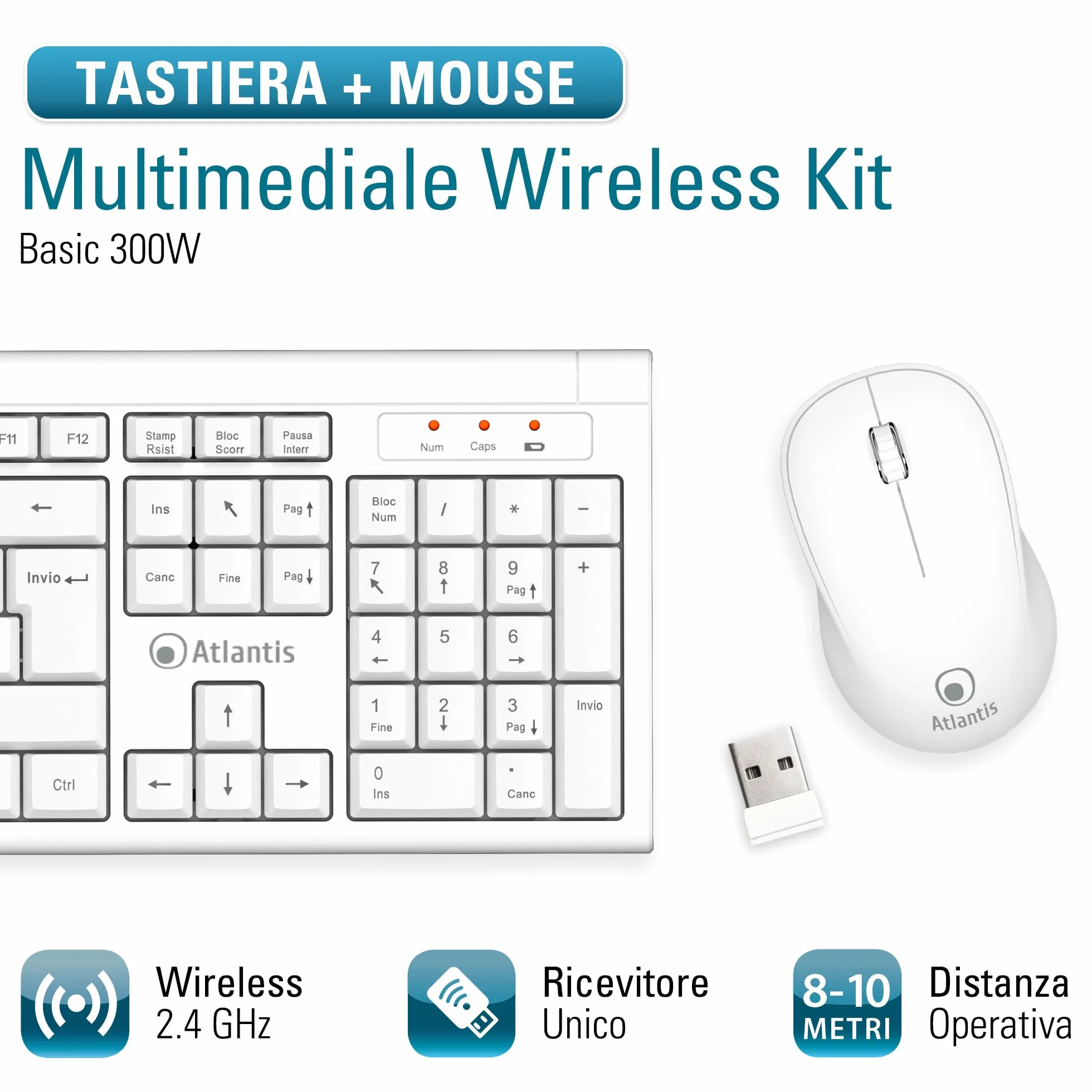 Atlantis Combo Kit Tastiera e Mouse Wireless senza fili, Multimediale, Layout Italiano QWERTY, 9 Tasti di scelta rapida, per PC/Laptop/Notebook, ricevitore USB unico, cod. P013-AX280G+M, Bianco.