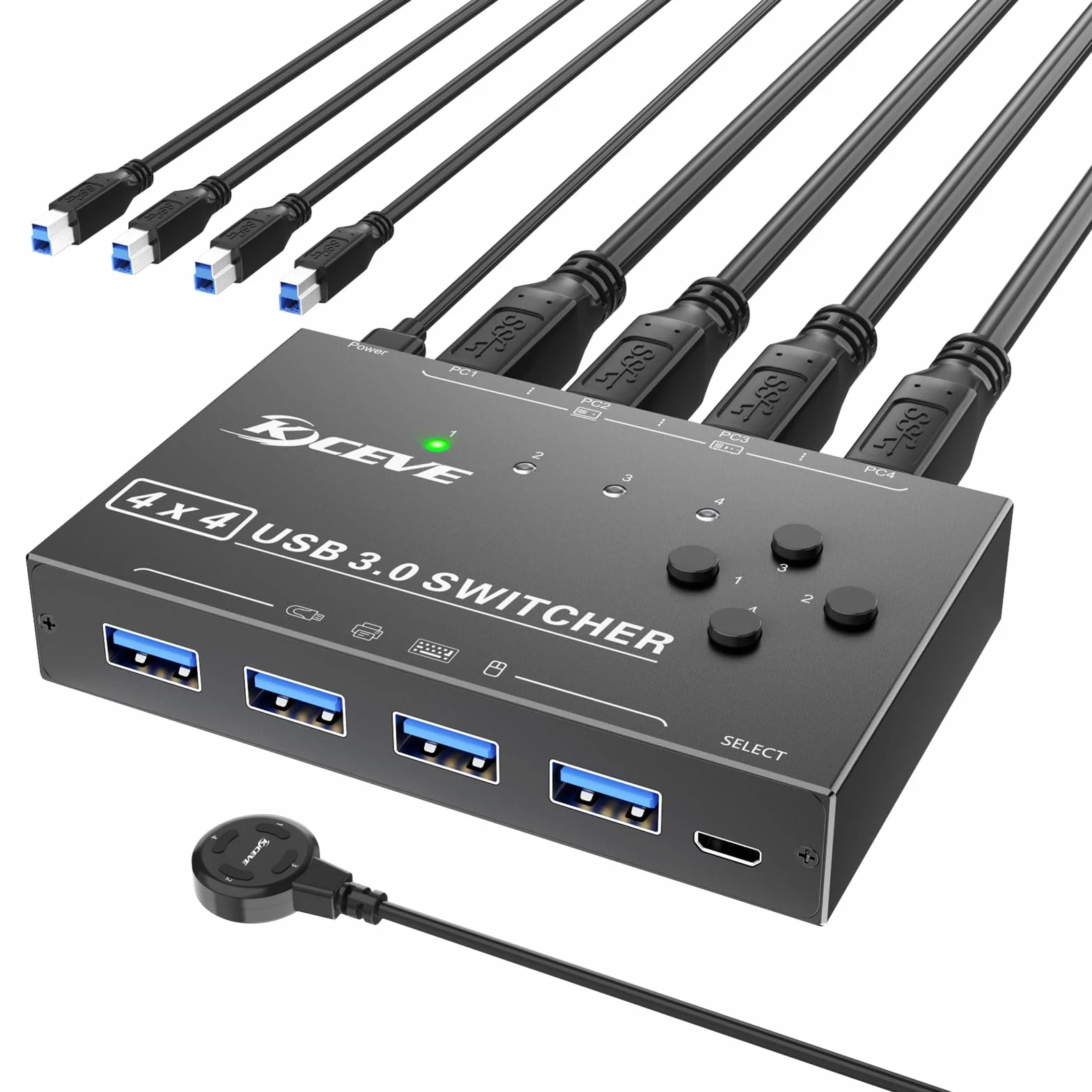 Switch USB 3.0 4 computer, selettore switch USB a 4 porte Condivisione di 4 dispositivi USB, mouse, tastiera, scanner, stampante, PC Compatibile con Mac/Windows/Linux. Con telecomando cablato