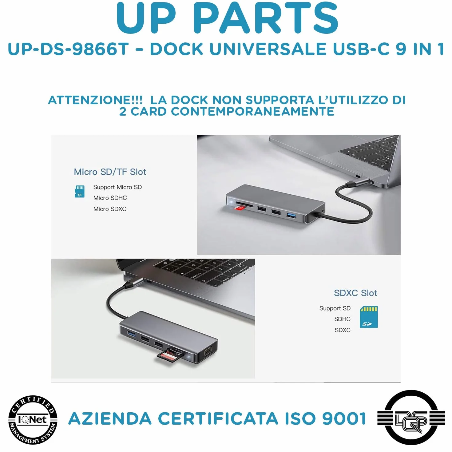 Hub USBC, Docking Station,UP-DS-9866T, 9 in 1,Porta Alimentazione USB C 100W, HDMI 4K, VGA, 1 porta USB3, 2 Porte USB2, Card Reader, Audio 3.5mm, Azienda Italiana