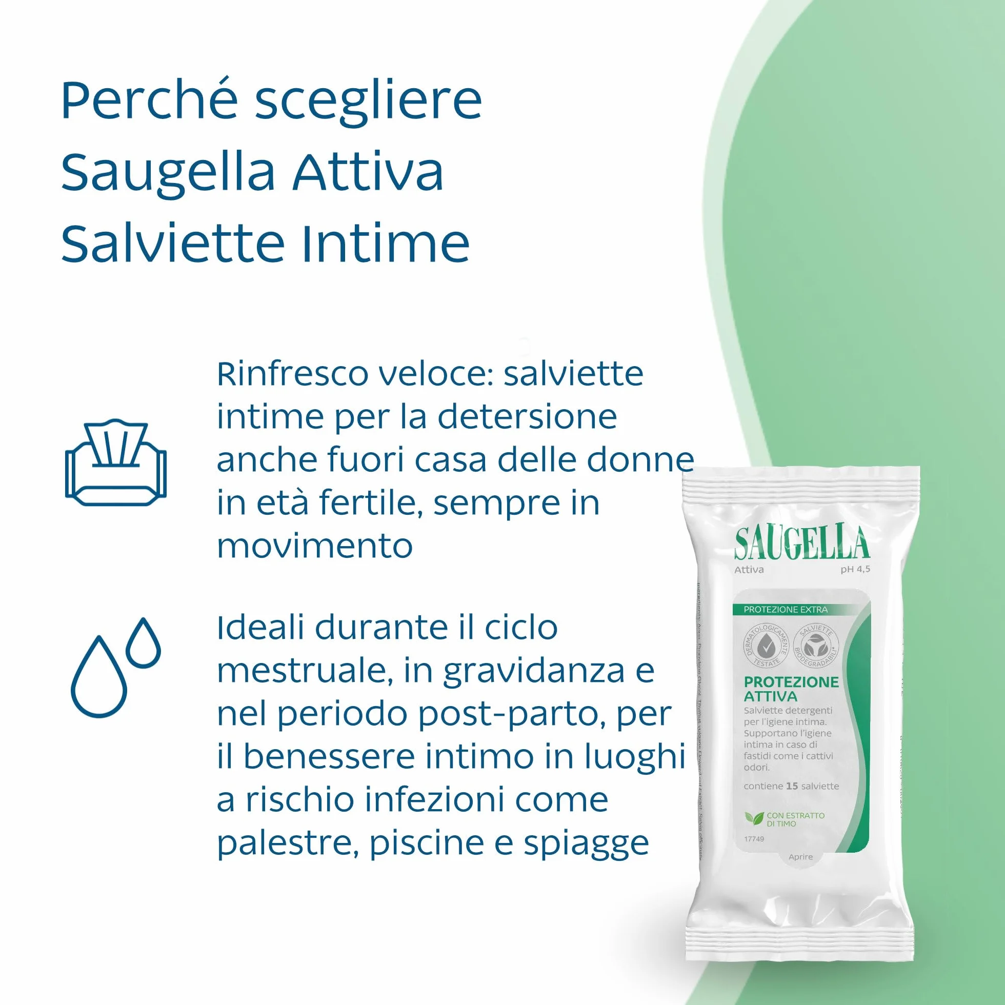 Saugella Attiva Salviettine Intime Antibatteriche pH 3.5 con Timo 15 Salviette Monouso