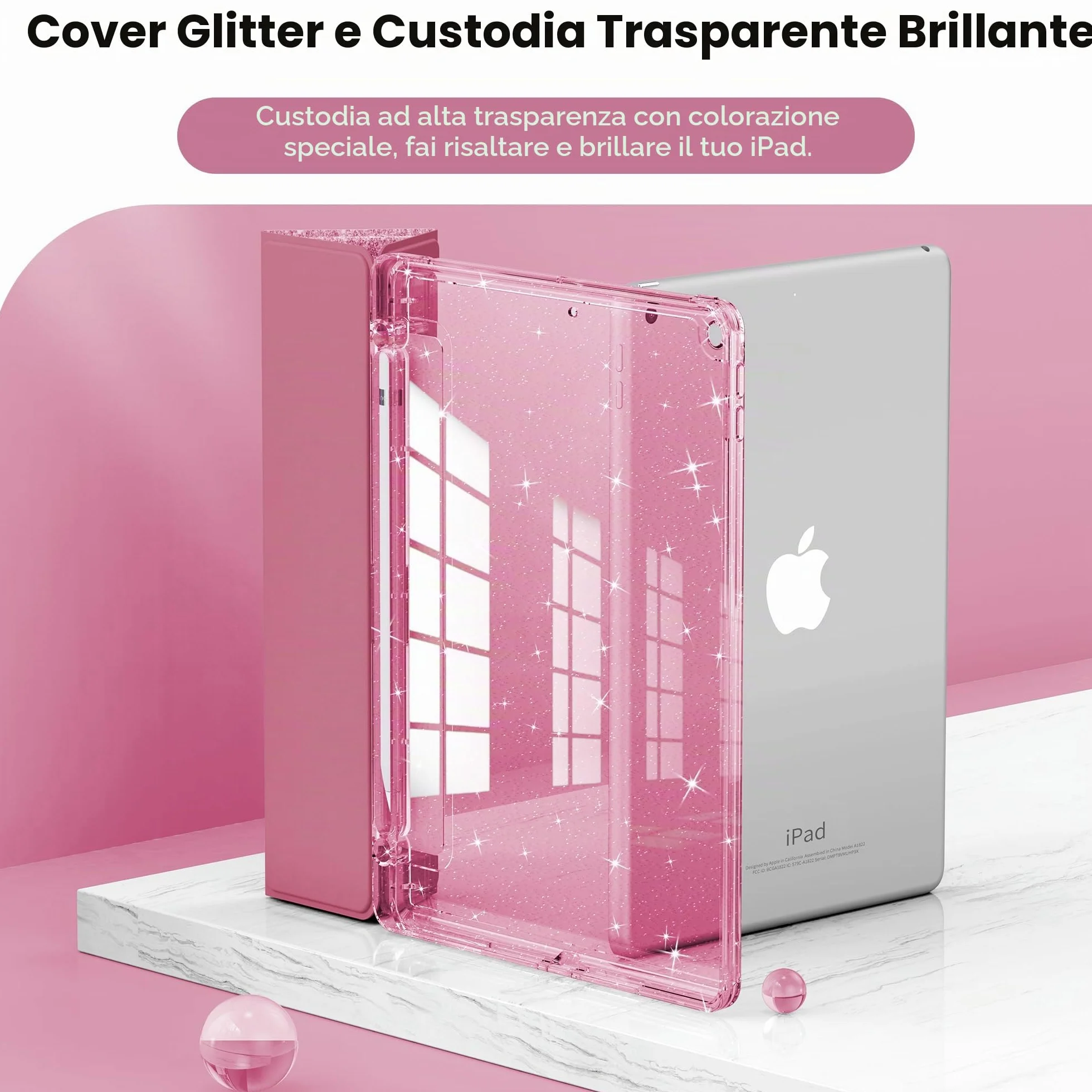 Custodia iPad 10,2" Glitterata Retro Trasparente Portapenne Bambine Rosa