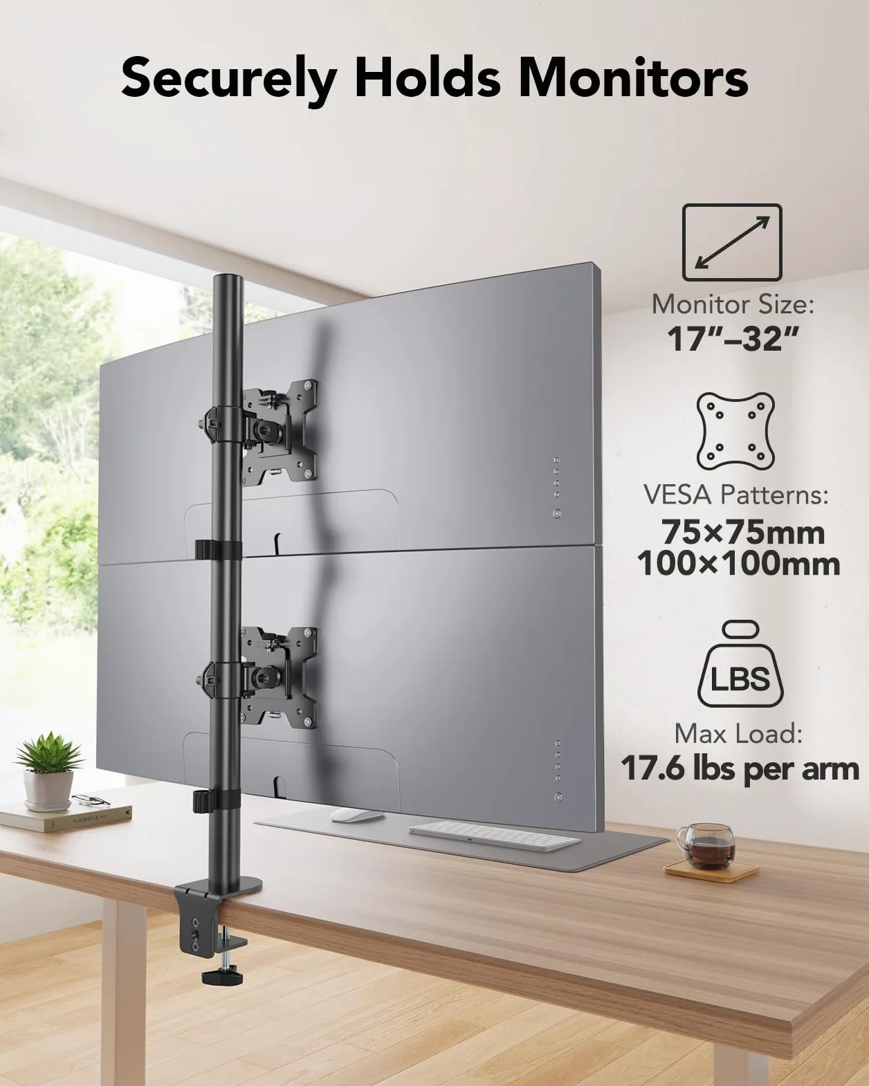 HUANUO Supporto verticale per doppio monitor, supporto per monitor impilato per 2 monitor con regolazione dell'altezza Braccio per monitor del computer supporta due da 17 a 32 pollici con morsetto a