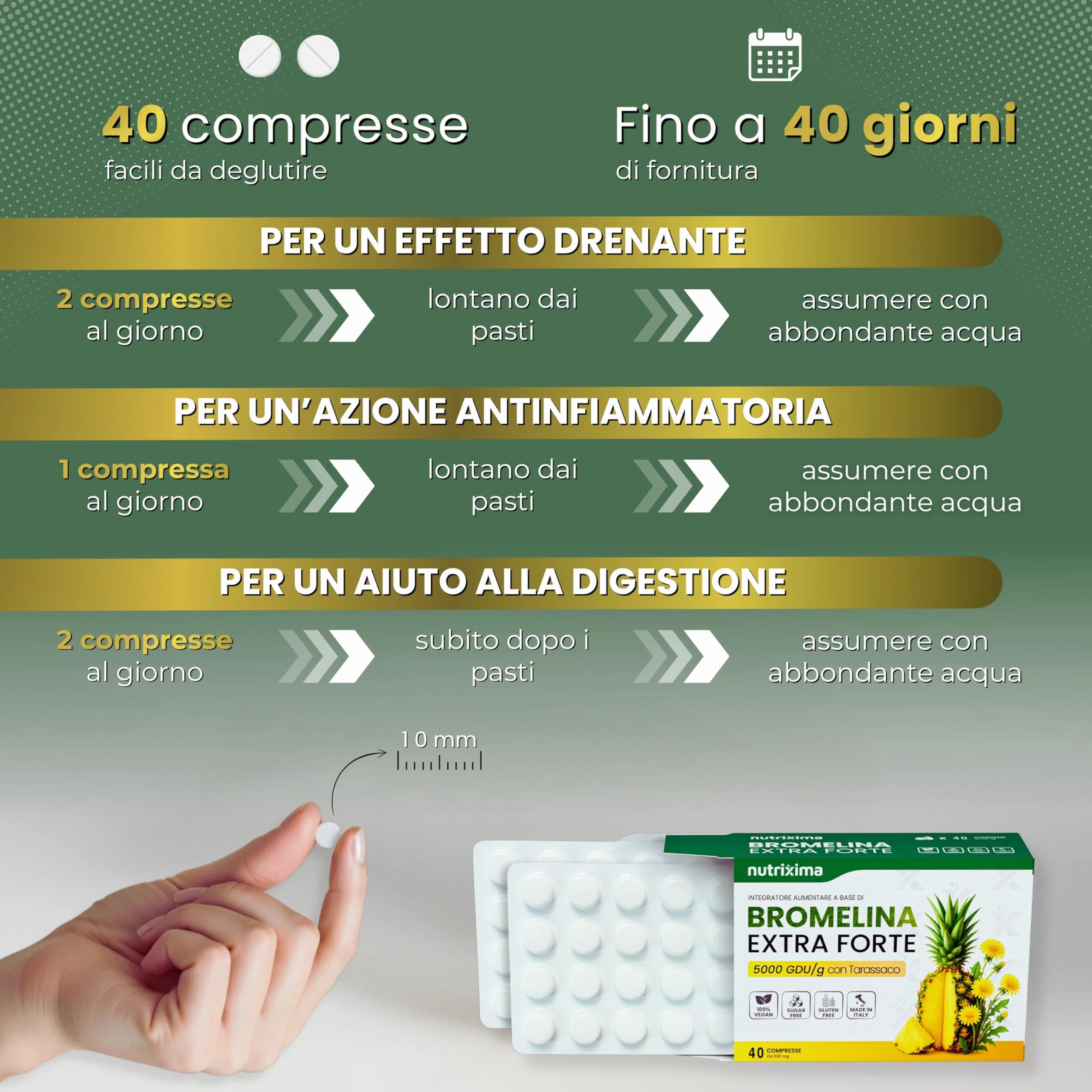 Bromelina Forte Drenante 2500+5000 GDU 40cpr con Tarassaco Made in Italy NUTRIXIMA®