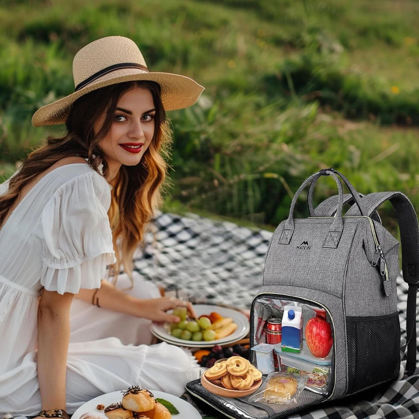MATEIN Zaino Lavoro Donna con Porta Pranzo, Zaino Porta PC Donna 15,6 Pollici Antifurto e Impermeabile, con Scomparto Termico per Ufficio, Università, Trekking e Picnic, Grigio