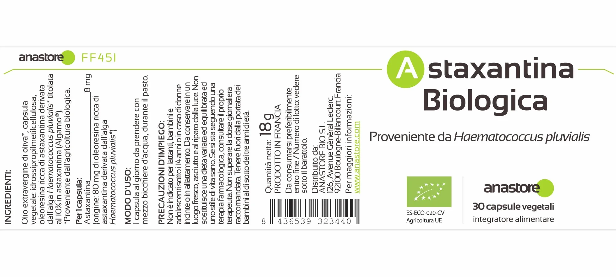Astaxantina biologica 30 capsule vegetali 8 mg Antiossidante naturale occhi pelle