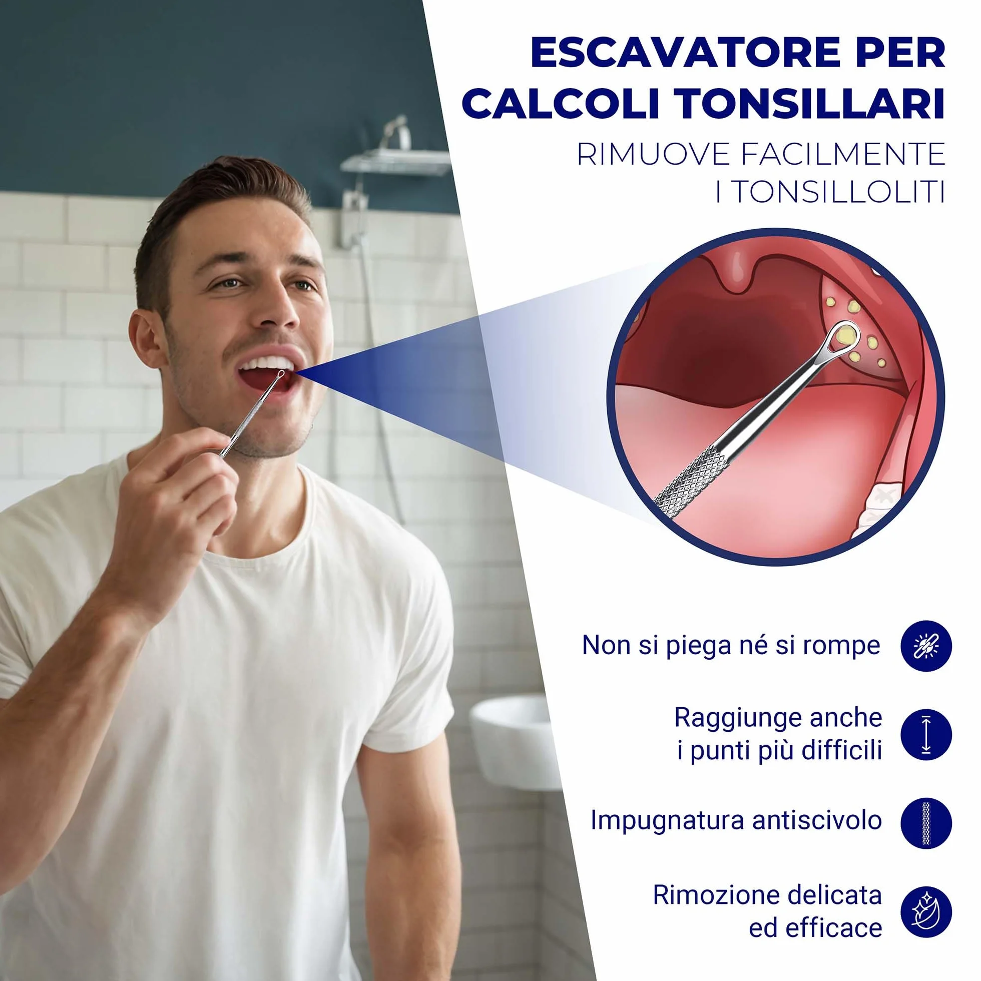 ORAVIX Escavatore Rimozione Calcoli Tonsillari Set 2 Unità 18 cm Strumento Metallo con 10 Punte Silicone