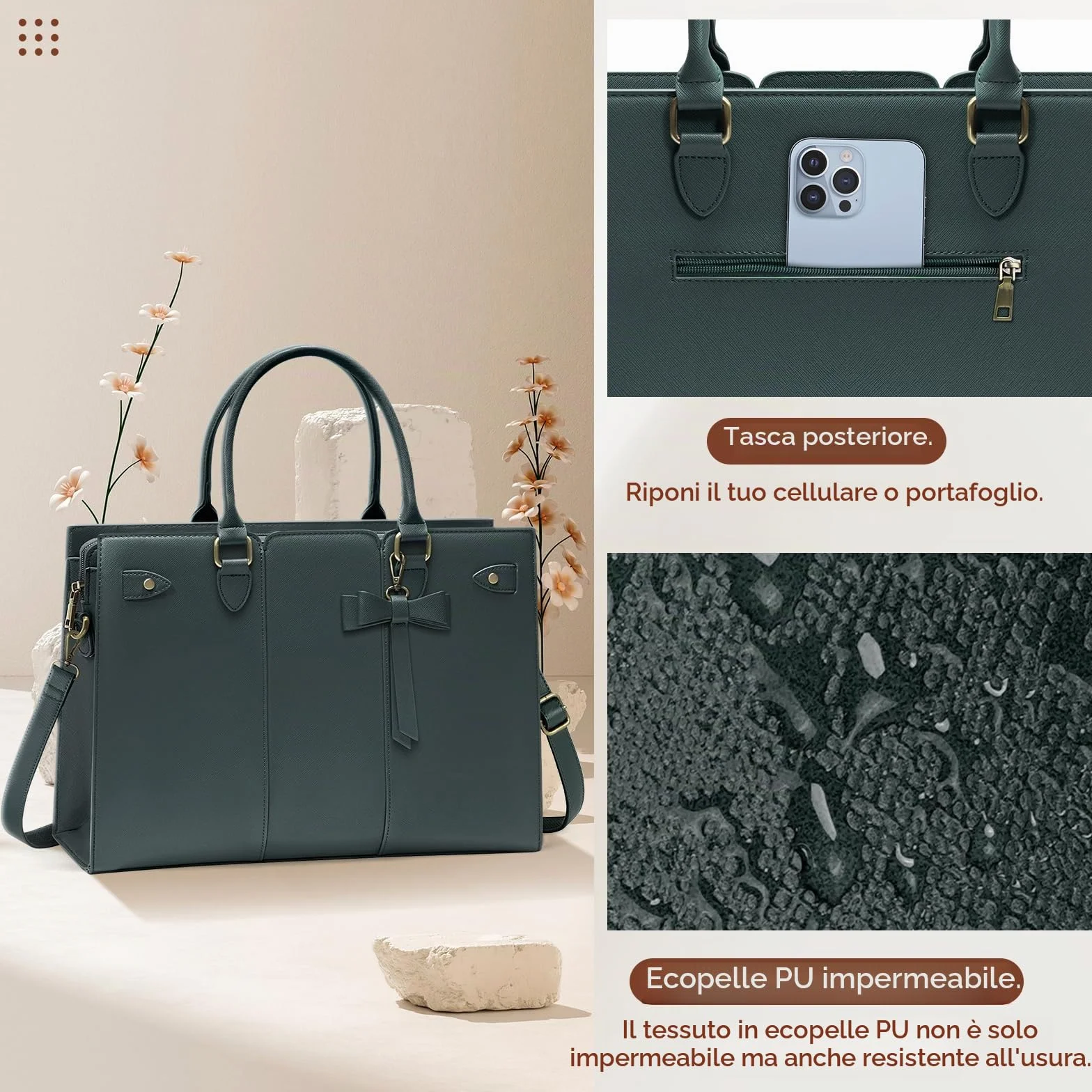 RAINSMORE Borsa Lavoro Donna PU Pelle Porta PC Ufficio Università Tote Bag Tracolla Grande 15.6 Pollici Verde Scuro
