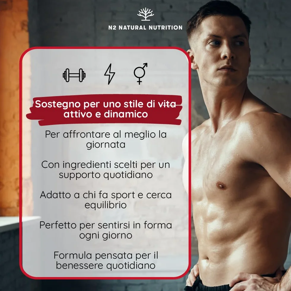 Integratore Testosterone Uomo con Maca, Taurina, Fieno Greco, Ginseng, Zinco e B6 - 120 Capsule N2 Natural Nutrition
