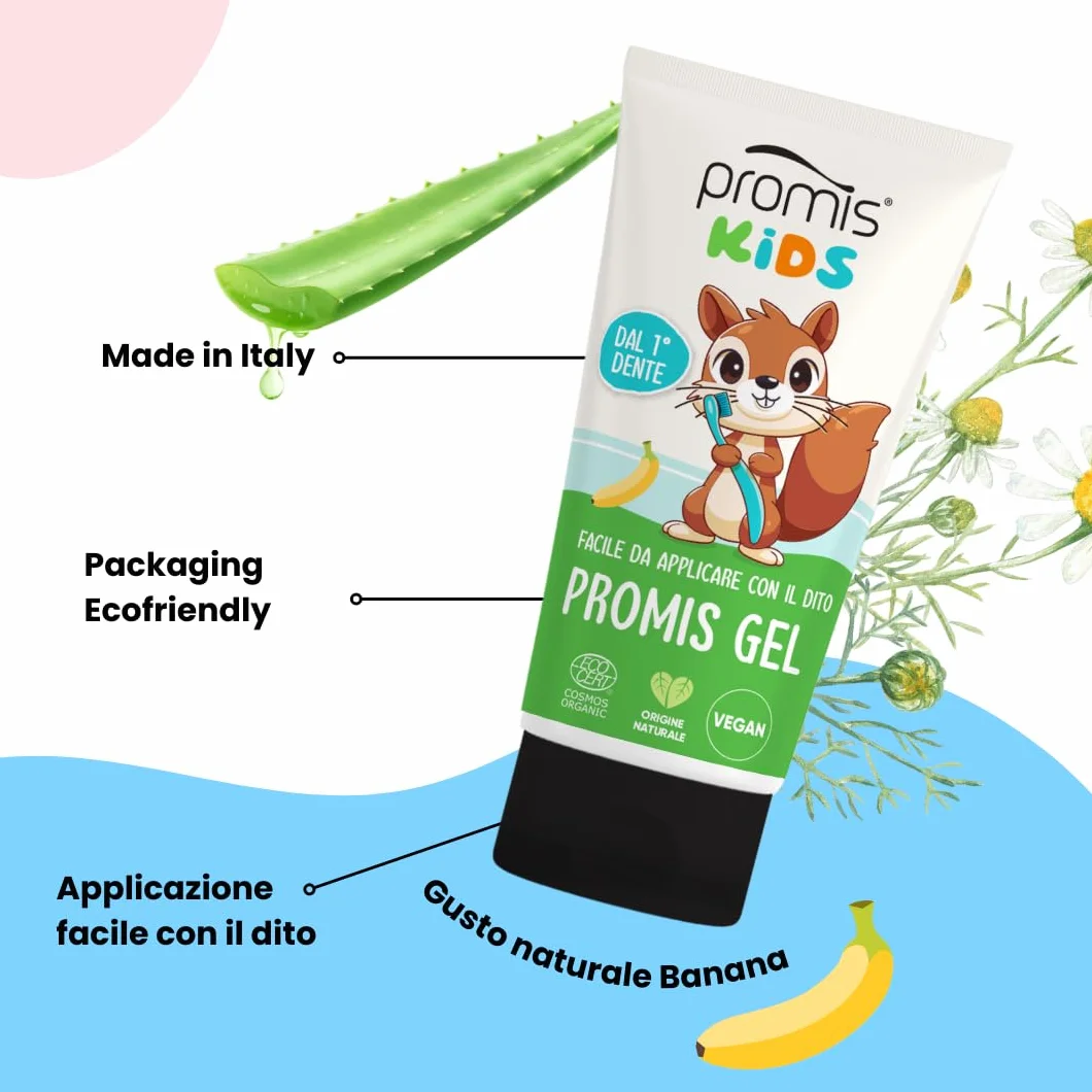 PROMIS Gel Kids Dentizione Naturale Sollievo Gengive Banana Bio Vegano con Aloe Vera Camomilla Calendula Acido Ialuronico