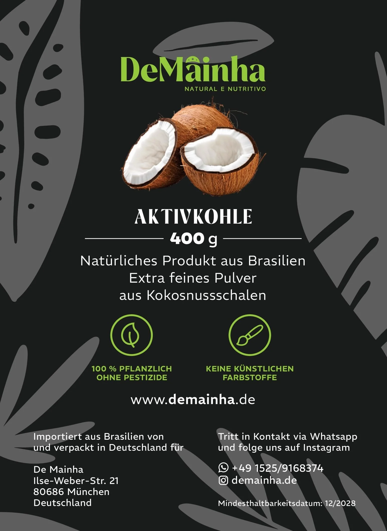 Carbone attivo in polvere premium 400 g 100% vegetale da gusci di cocco brasiliano