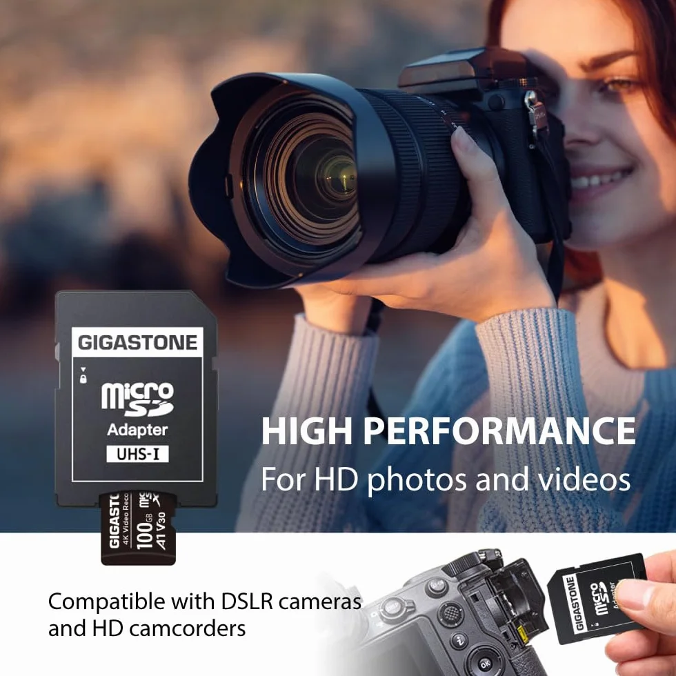 GIGASTONE Scheda Micro SD da 100 GB, registrazione video A1 V30 4K, compatibile con telecamera di sicurezza, Dash Cam, Drone, scheda di memoria MicroSDXC da 100 MB/s UHS-I, con adattatore
