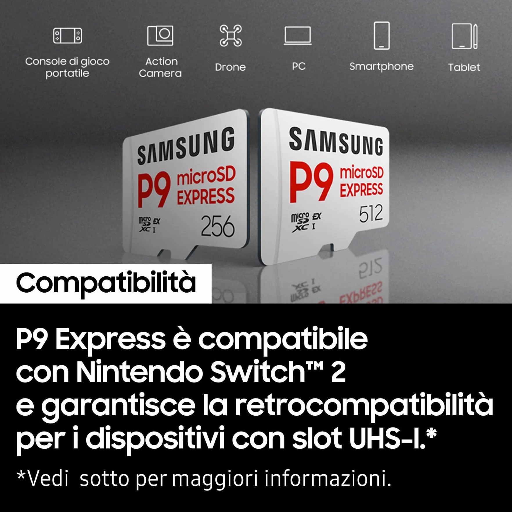 Samsung Memorie P9 Express Scheda MicroSD, Compatibile con Nintendo Switch 2 da 512 GB, UHS-I U3, Fino a 800 MB/s