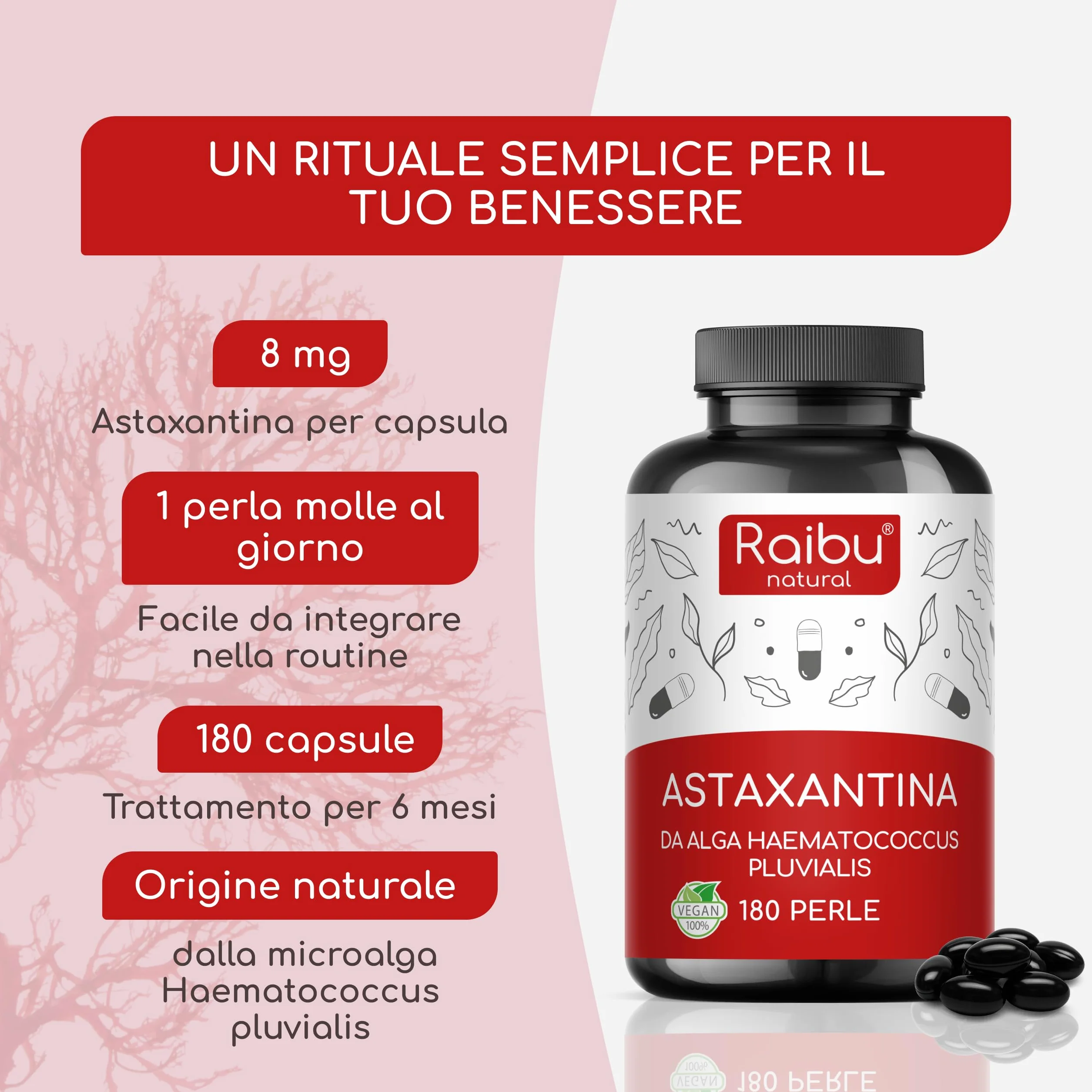 Astaxantina Pura 80 mg 180 Capsule dall’alga Haematococcus pluvialis Antiossidante senza OGM
