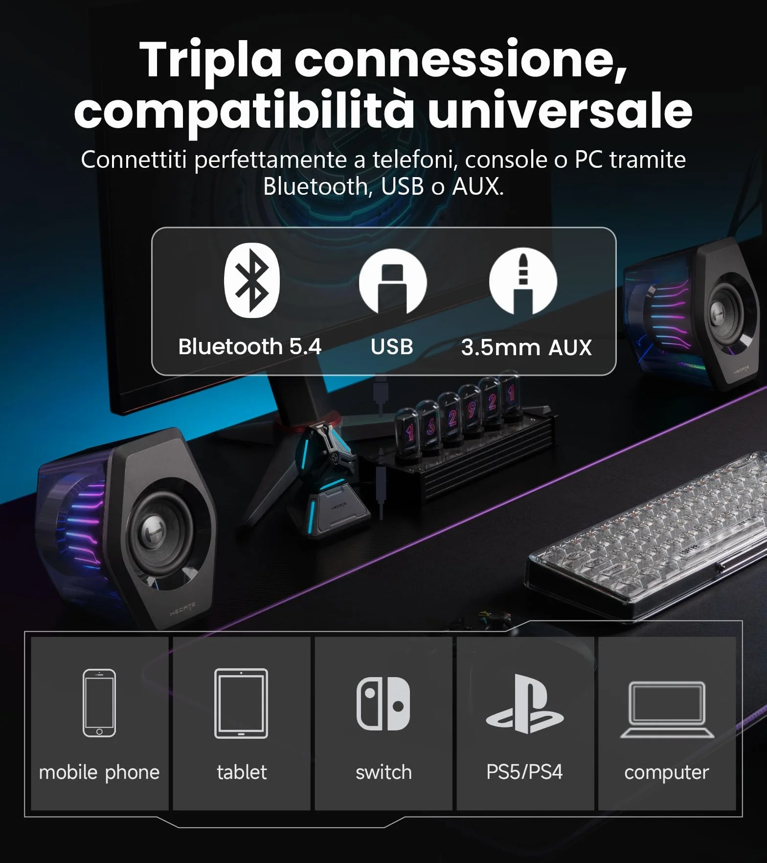 Edifier G2000 Pro Casse Gaming 2.0 RGB 32W RMS 64W Picco TempoFlow™ 270° Surround Virtuale 7.1 Bluetooth 5.4 USB-C AUX PC PS5 Nero