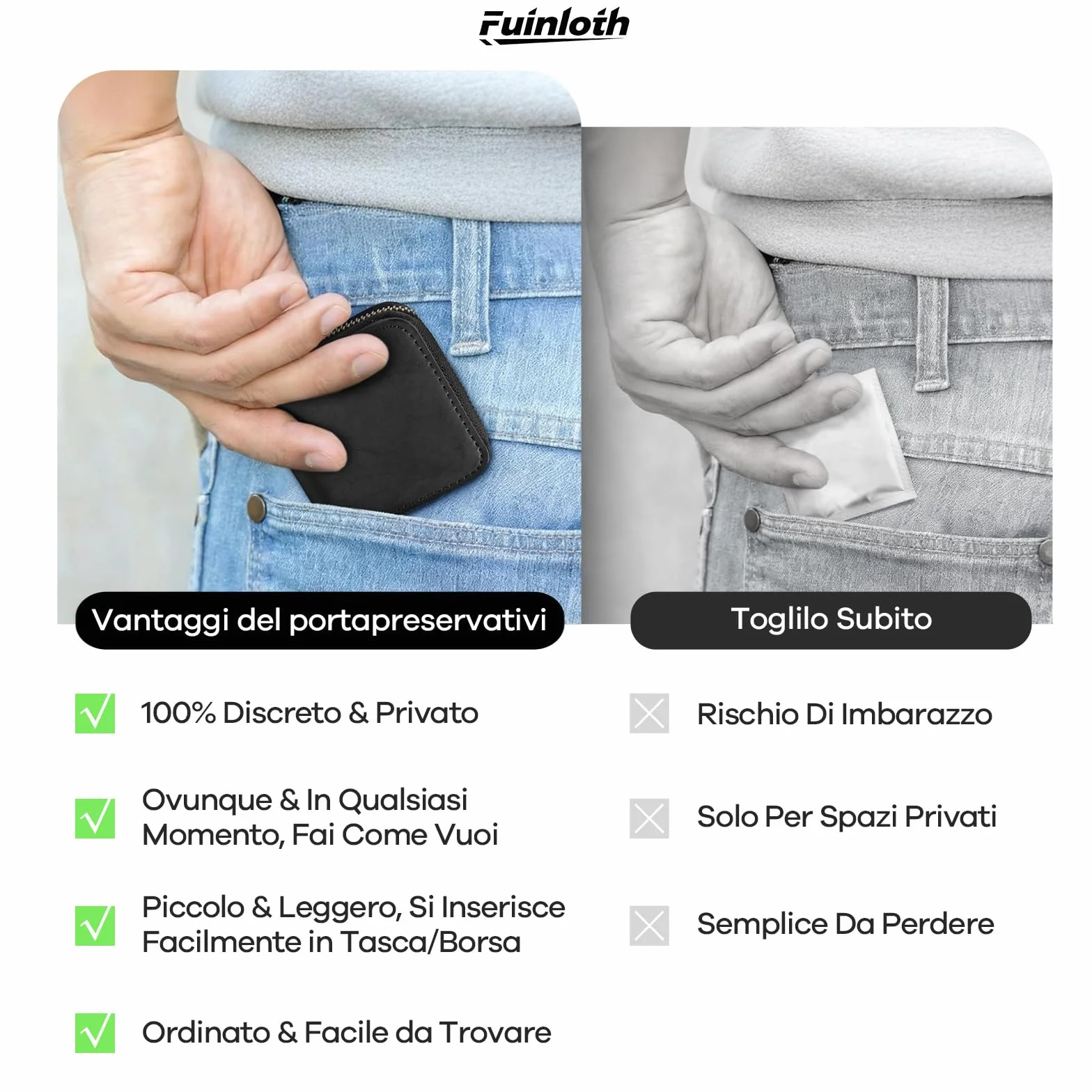 Fuinloth Portacondomi Privacy Uomo, Portaoggetti Compatto da Viaggio in Pelle Nera con Cerniera