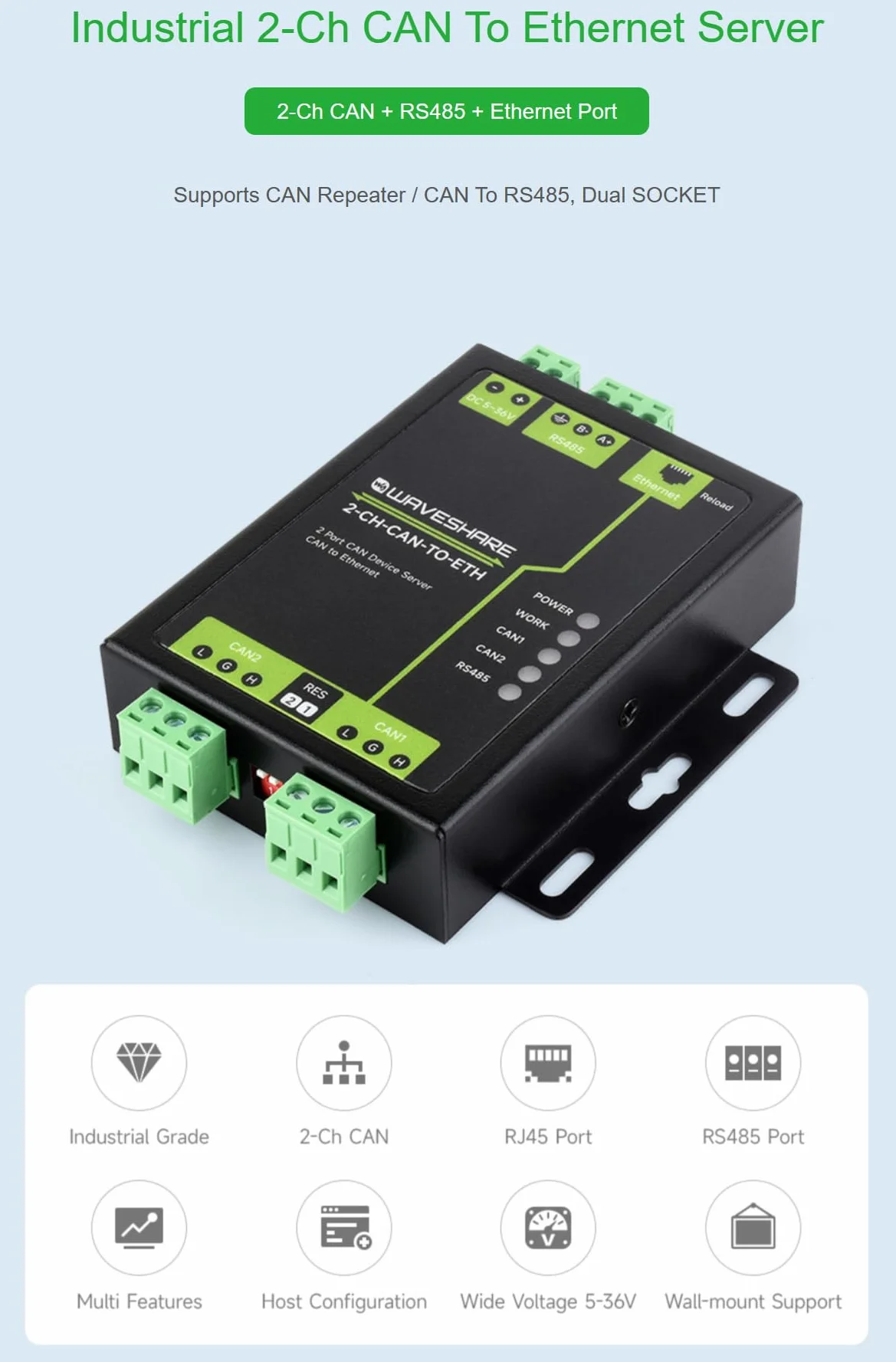 Grado industriale 2-Ch CAN a Ethernet Server 2-Ch CAN + RS485 + porta Ethernet Supporta CAN Repeater/CAN a RS485 Dual Socket Custodia in lega di alluminio Supporto da parete