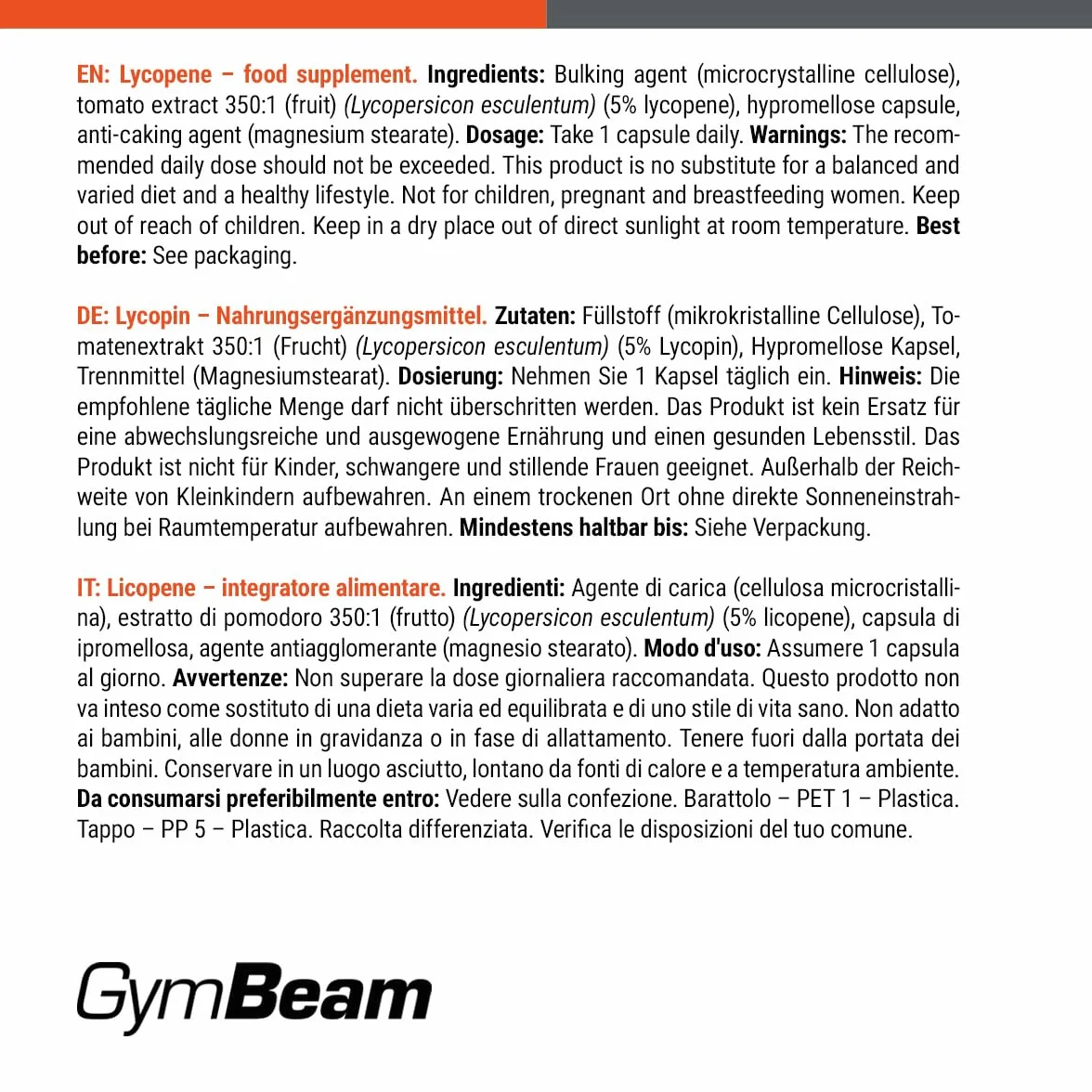GymBeam Licopene Capsule 20mg 90 cps Integratore Alimentare Antiossidante