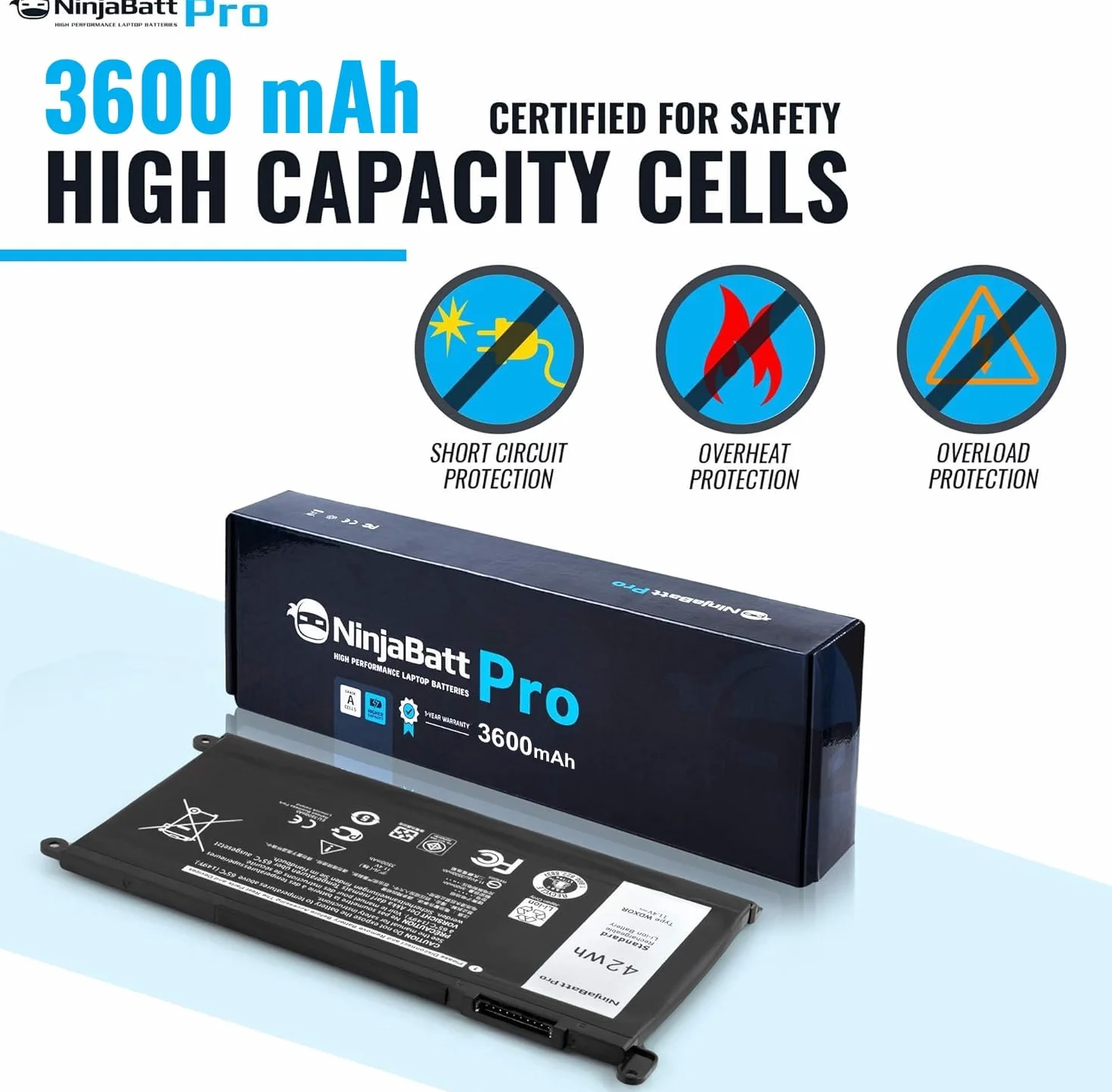 NinjaBatt Batteria per Dell WDX0R P69G Inspiron 13 15 5000 7000 5570 5567 7579 5578 5568 7569 5579 5565 7573 13 7378 5378 7368 5379 5368 7375 17 5767 Y3F7Y - [42Wh/11.4v]